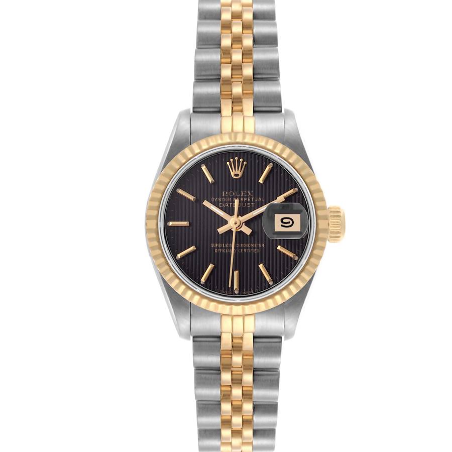 The Rolex Datejust watch is shown from a front angle, displaying the dial, bezel, crown, and two-tone bracelet.