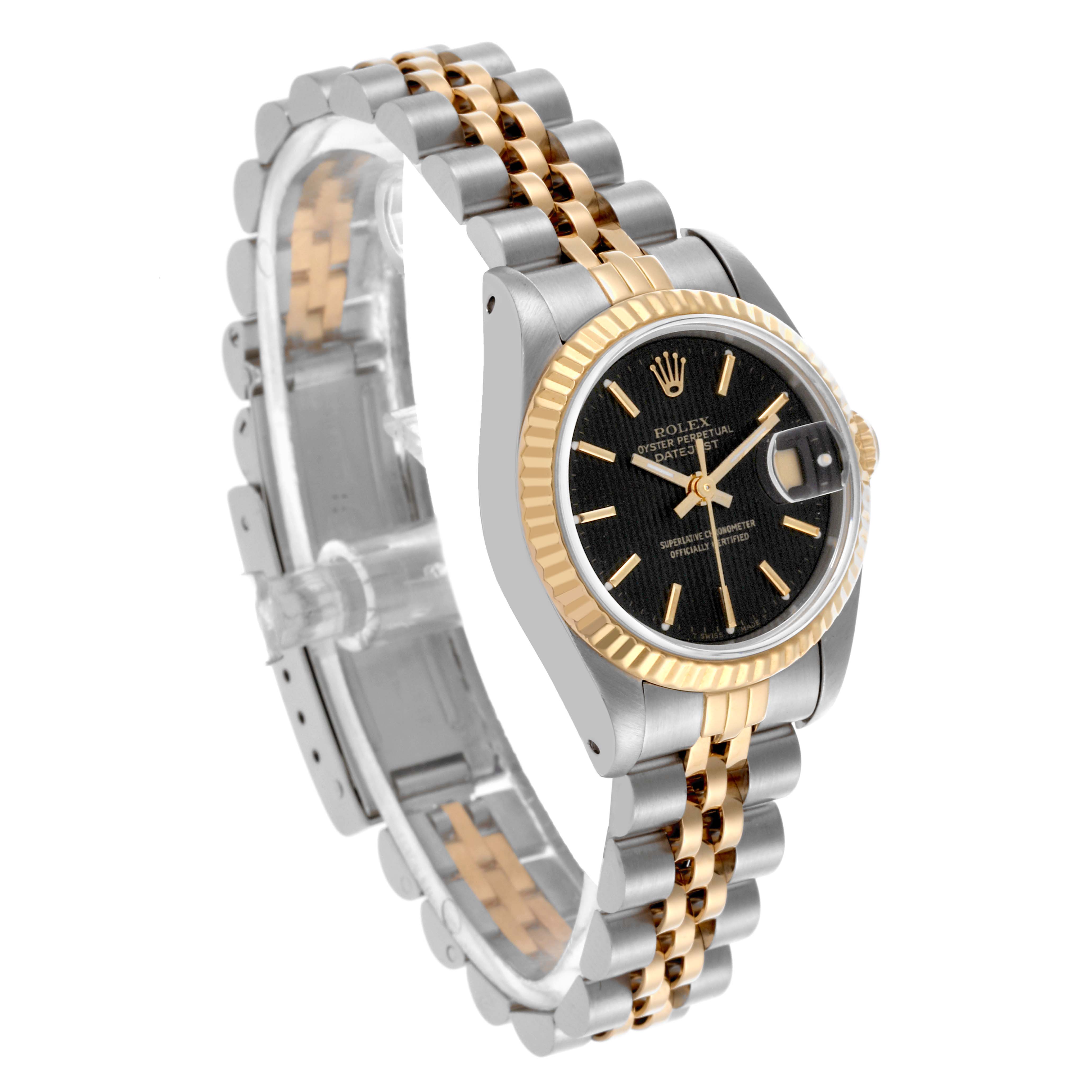 The Rolex Datejust 69173 Women's Steel and Gold (two tone) Black Dial 69173 Women's Steel and Gold (two tone) Black Dial watch is shown at a three-quarter angle, highlighting the dial, bezel, and two-tone bracelet.