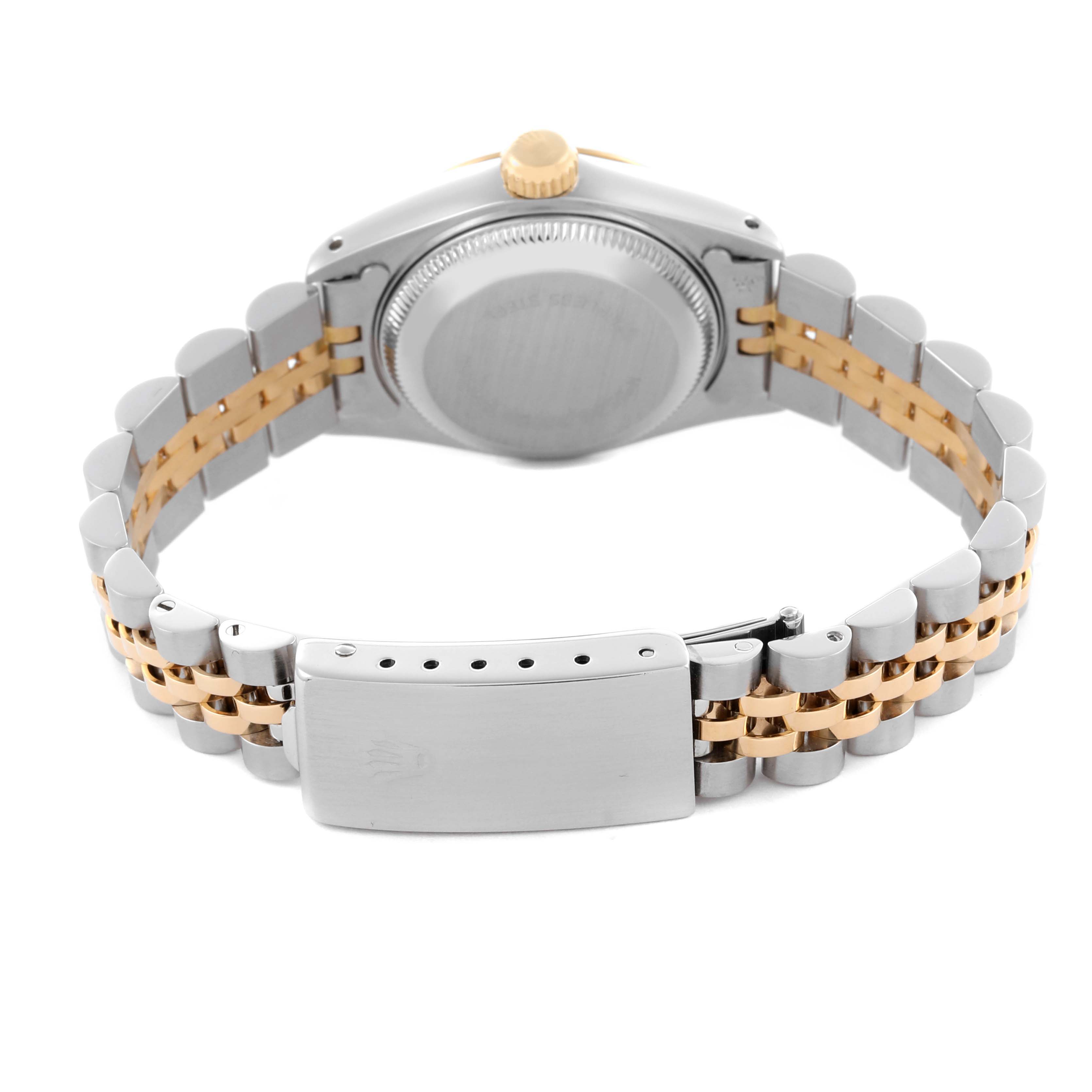 The image shows the back view of a Rolex Datejust 69173 Women's Steel and Gold (two tone) Black Dial 69173 Women's Steel and Gold (two tone) Black Dial, highlighting the bracelet and clasp.