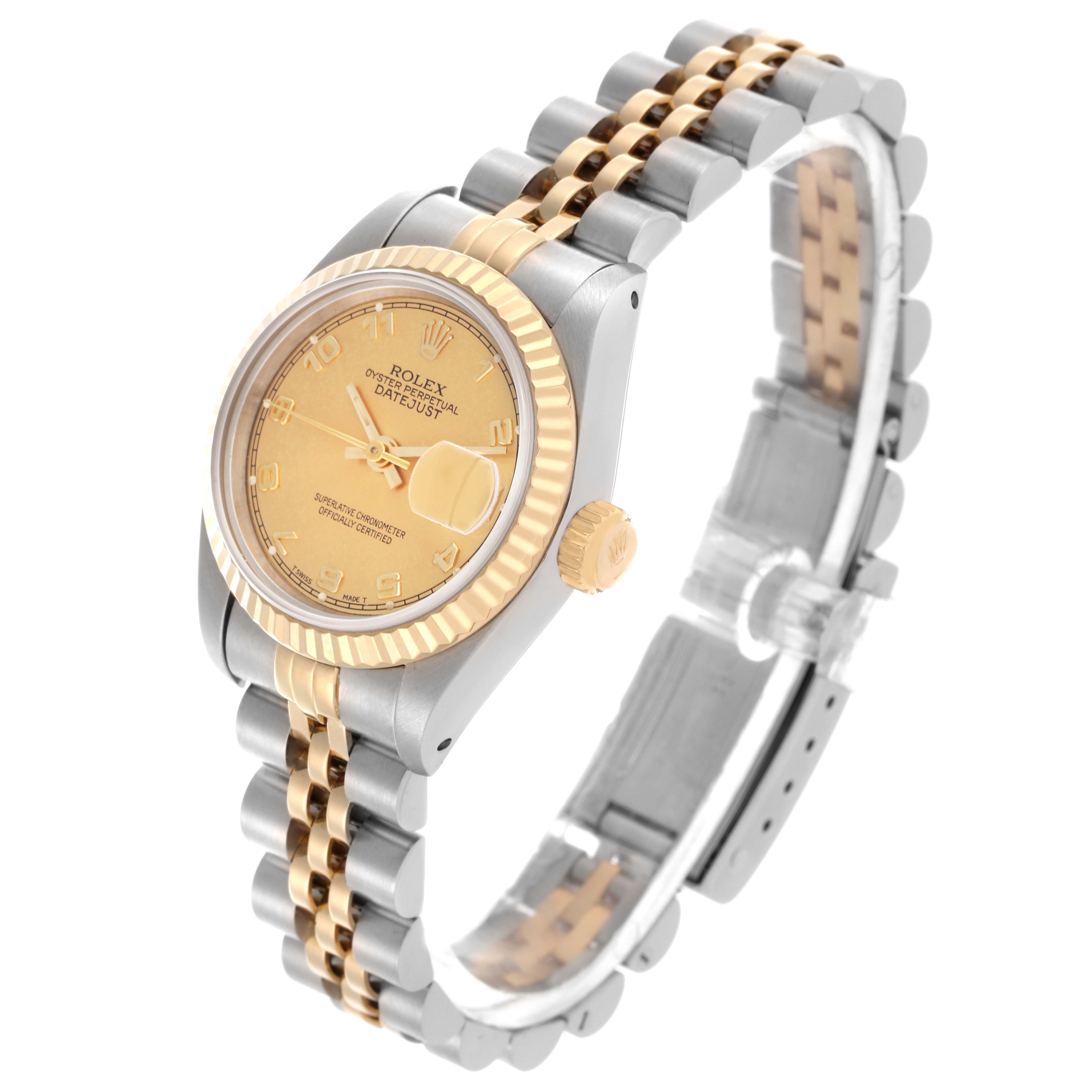 The Rolex Datejust 69173 Women's Steel and Gold (two tone) Champagne Dial 69173 Women's Steel and Gold (two tone) Champagne Dial watch is shown at an angle highlighting the gold face, fluted bezel, and two-tone bracelet.