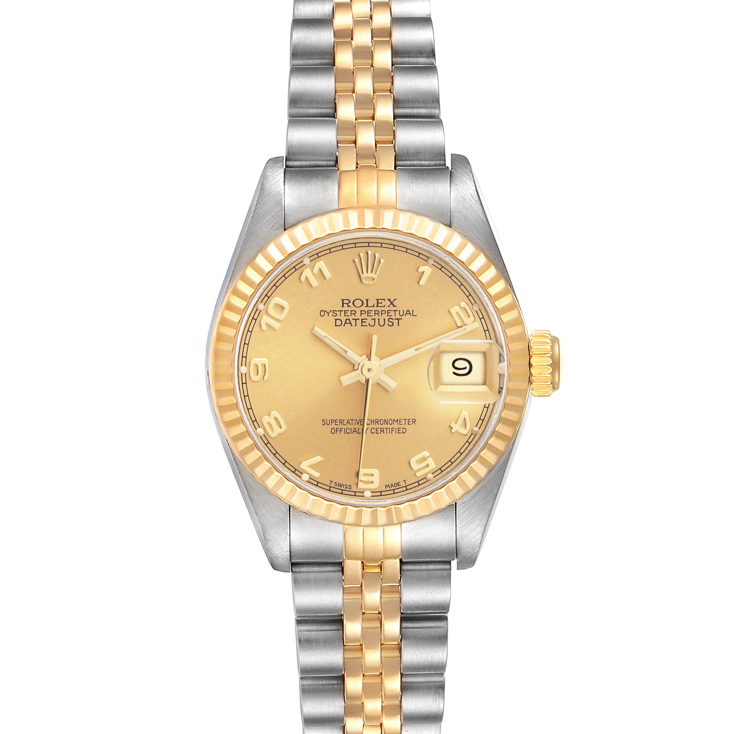 The Rolex Datejust 69173 Women's Steel and Gold (two tone) Champagne Dial 69173 Women's Steel and Gold (two tone) Champagne Dial watch is shown from the front, displaying its dial, fluted bezel, and jubilee bracelet.
