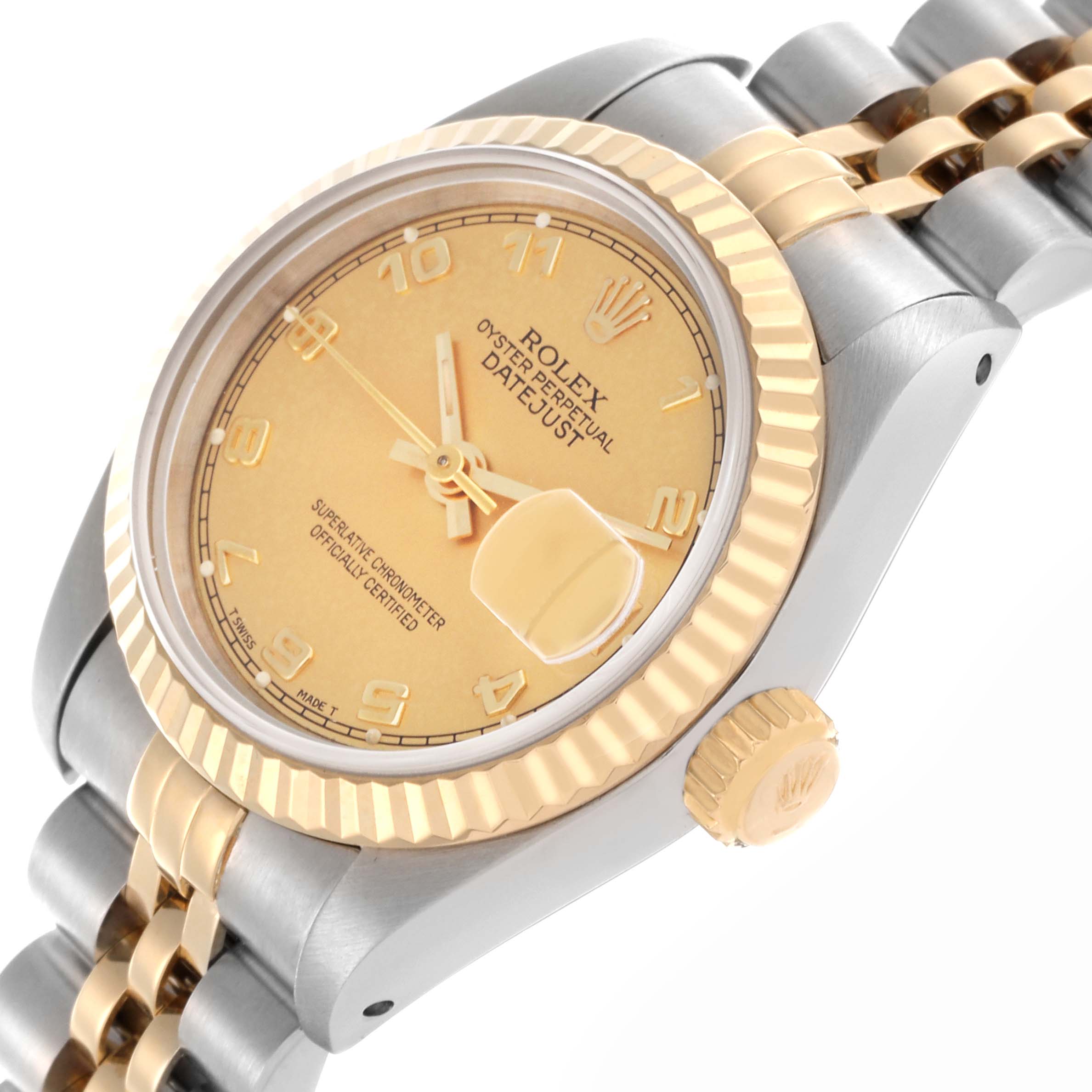 The Rolex Datejust 69173 Women's Steel and Gold (two tone) Champagne Dial 69173 Women's Steel and Gold (two tone) Champagne Dial watch is shown at a slight angle, highlighting the bezel, dial, crown, and part of the jubilee bracelet.