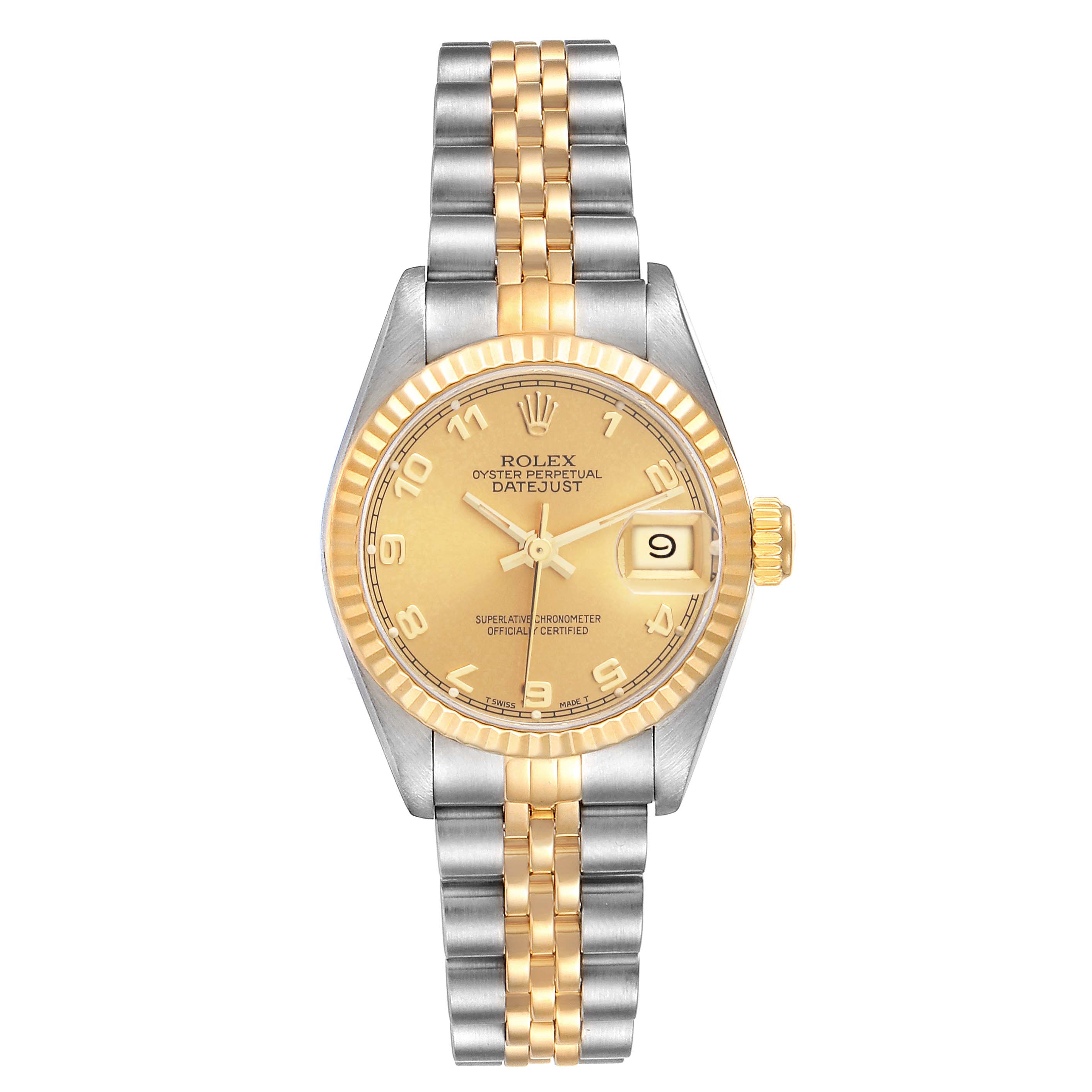 The Rolex Datejust 69173 Women's Steel and Gold (two tone) Champagne Dial 69173 Women's Steel and Gold (two tone) Champagne Dial watch is shown from the front, displaying the dial, bezel, and two-tone bracelet.
