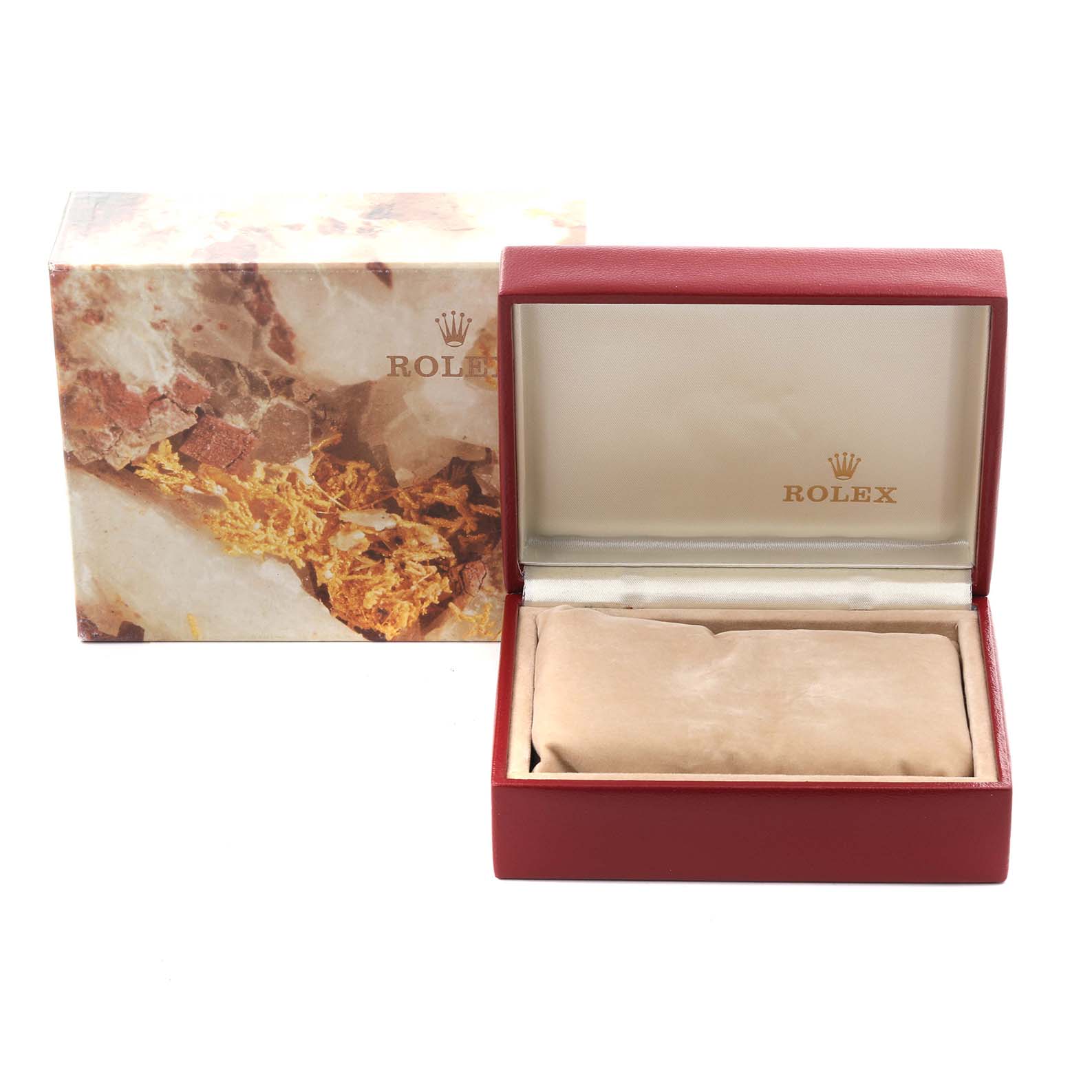 The image shows a Rolex Datejust 69173 Women's Steel and Gold (two tone) Champagne Dial 69173 Women's Steel and Gold (two tone) Champagne Dial watch box and packaging from a front angle.