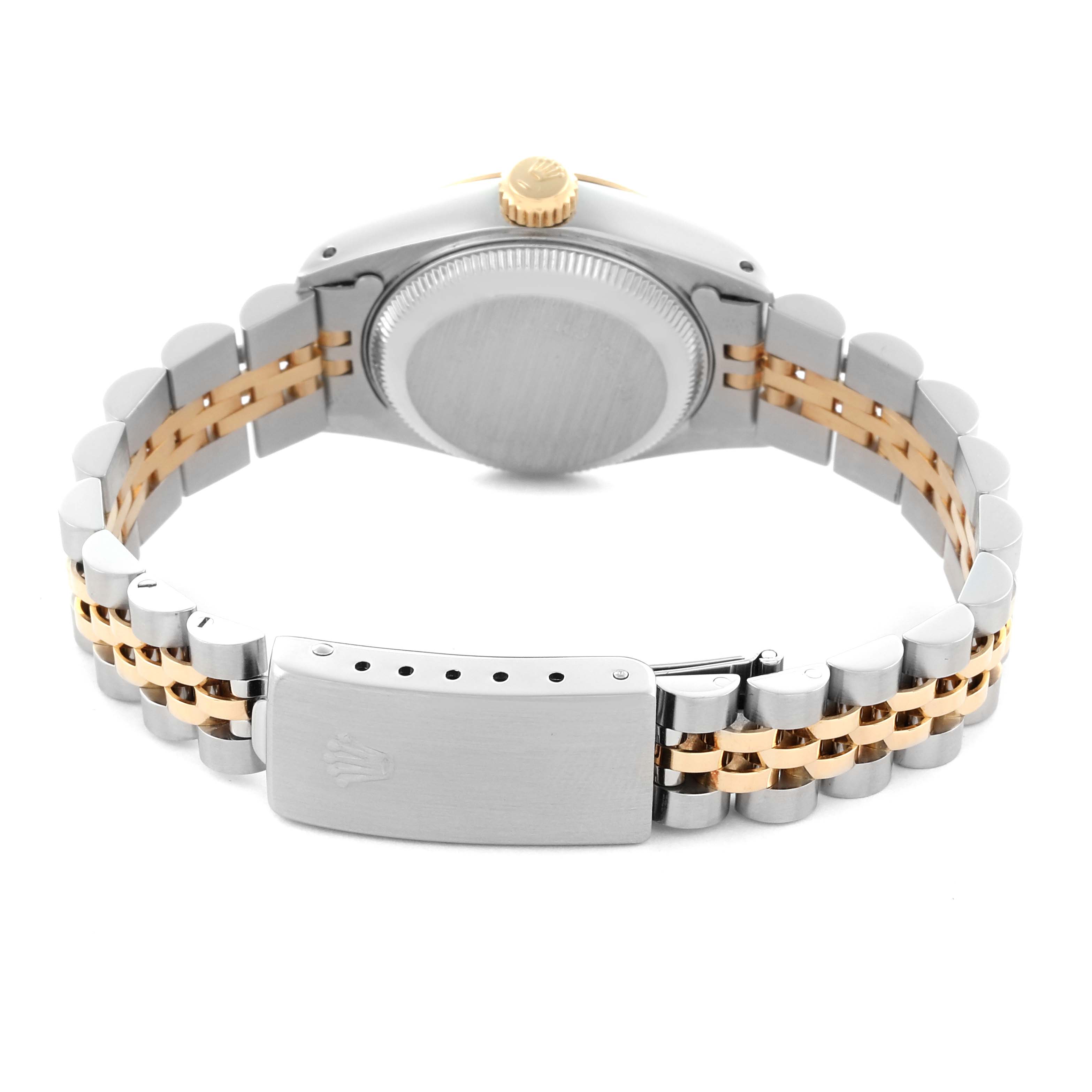 The Rolex Datejust 69173 Women's Steel and Gold (two tone) Champagne Dial 69173 Women's Steel and Gold (two tone) Champagne Dial watch is shown from the back, displaying the clasp, bracelet, case back, and crown.