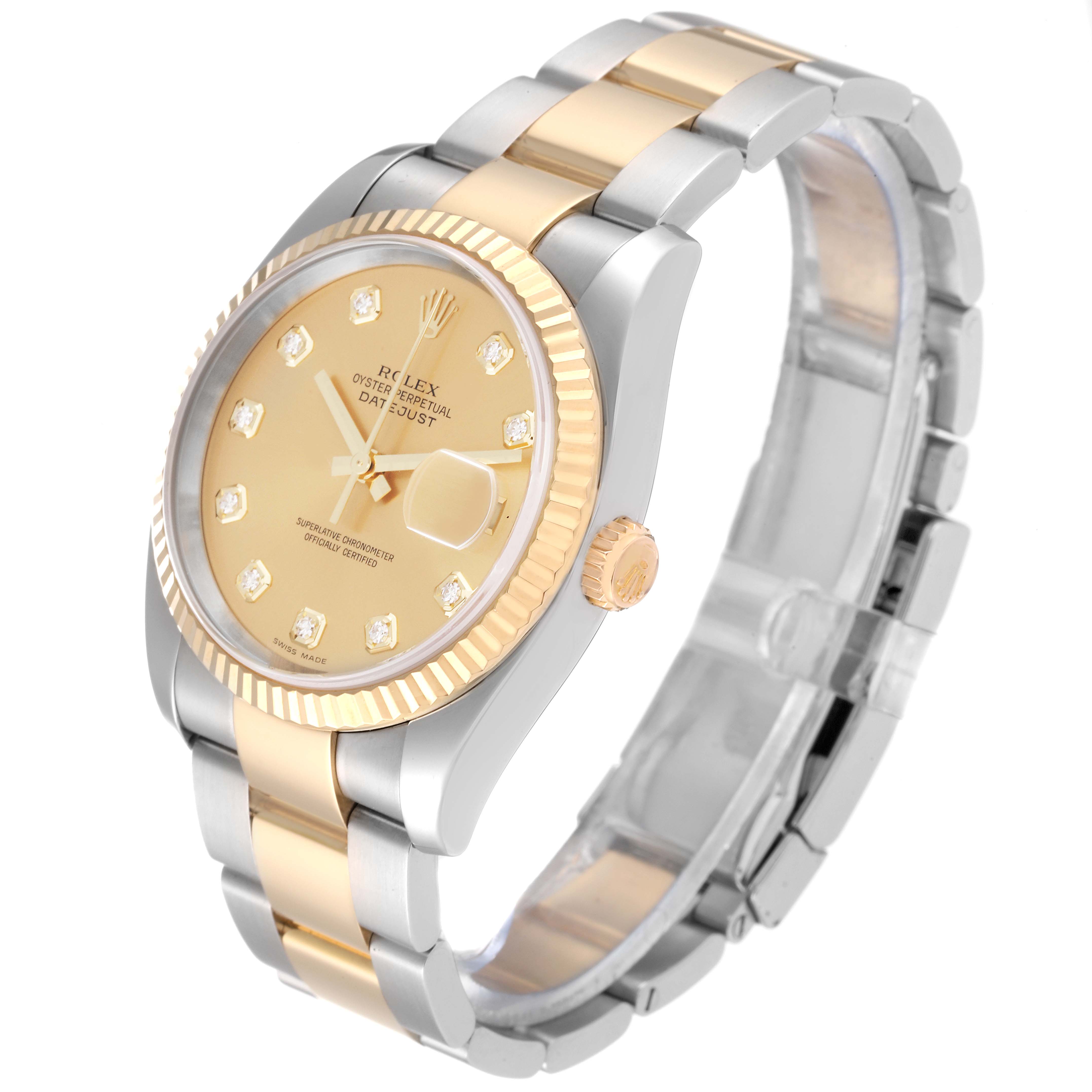 The image shows a Rolex Datejust 116233 Men's Steel and Gold (two tone) Champagne Dial 116233 Men's Steel and Gold (two tone) Champagne Dial watch at a three-quarter angle, featuring its dial, bezel, crown, and bracelet.