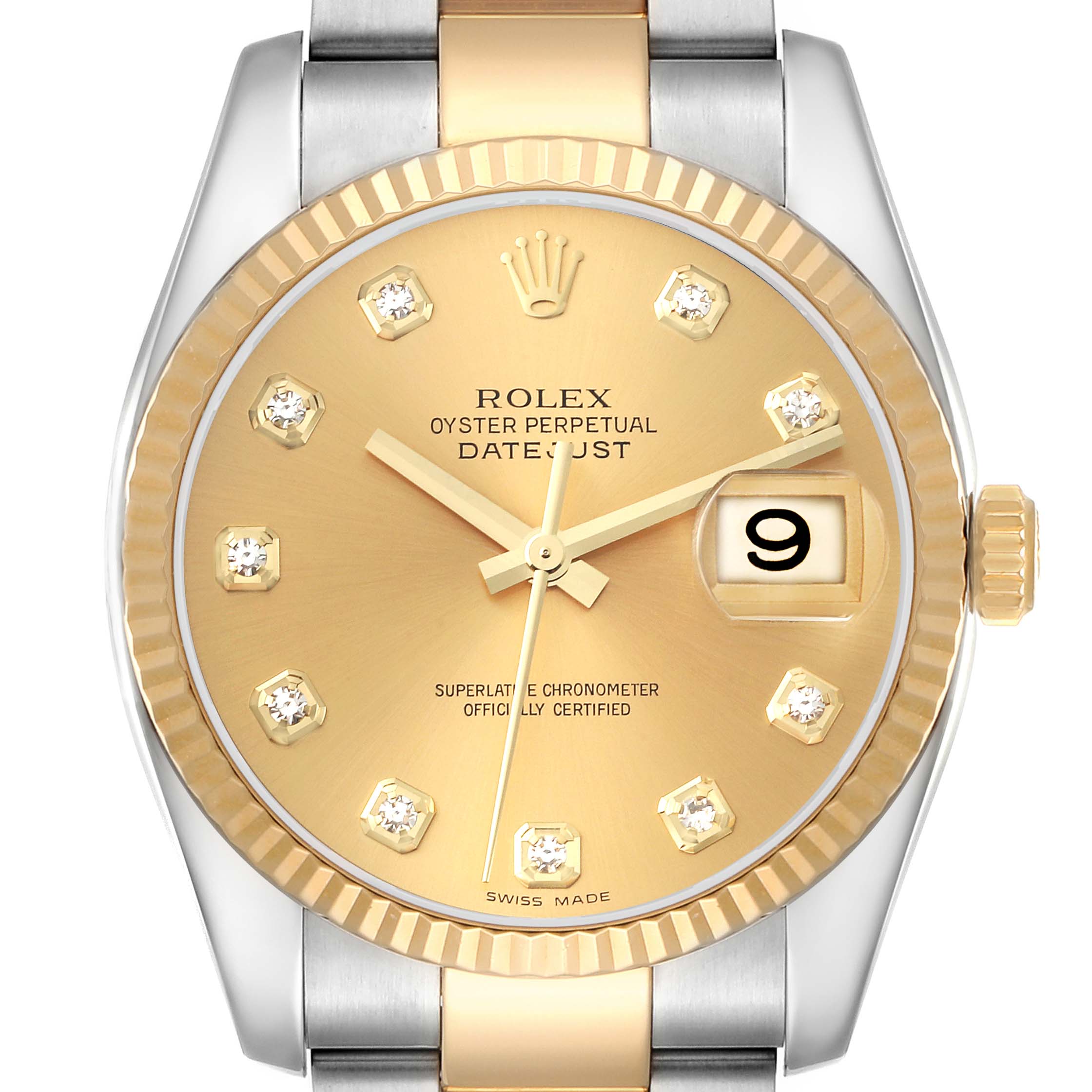 The image shows a frontal view of a Rolex Datejust 116233 Men's Steel and Gold (two tone) Champagne Dial 116233 Men's Steel and Gold (two tone) Champagne Dial, highlighting its dial, hands, bezel, and part of the bracelet.