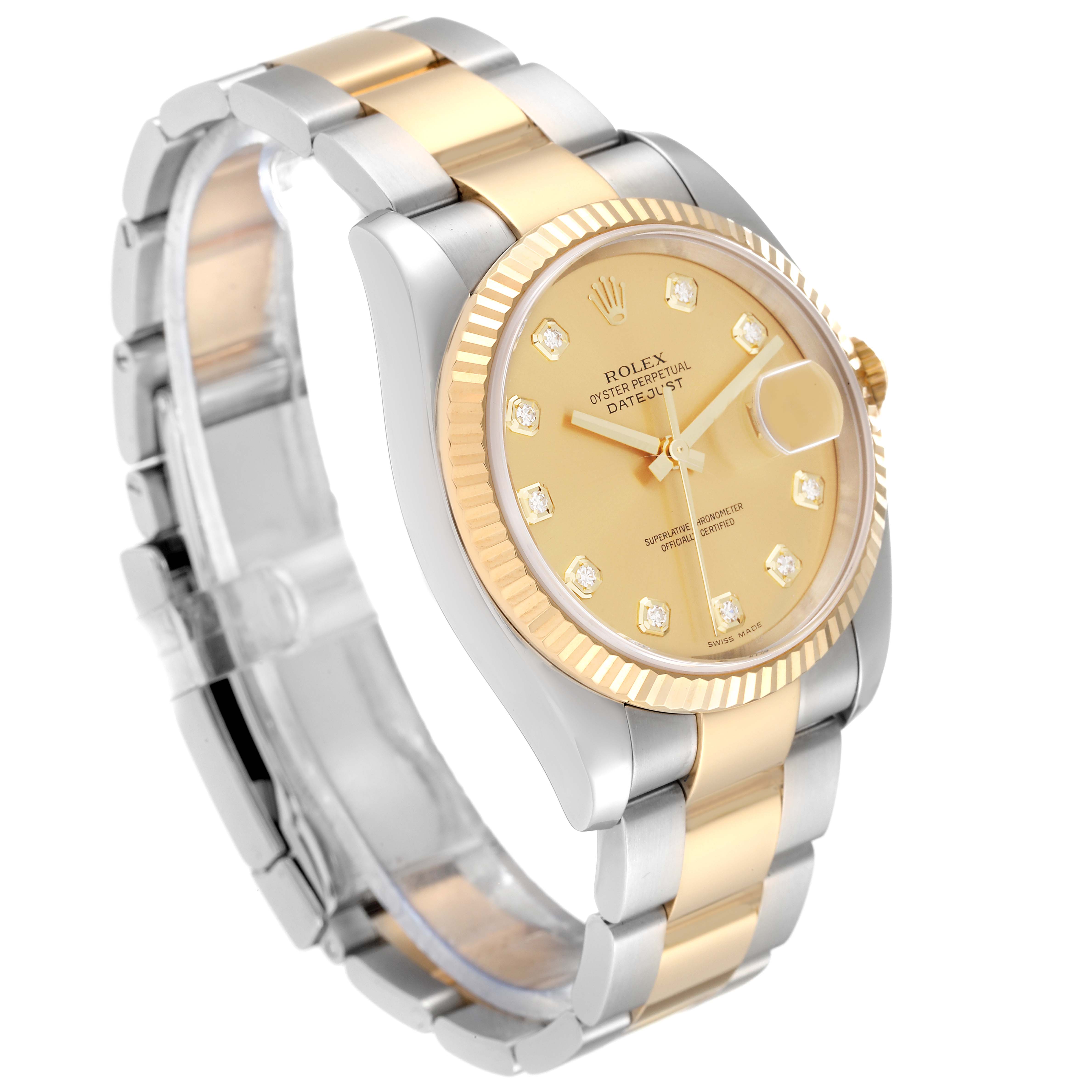 This image shows a Rolex Datejust 116233 Men's Steel and Gold (two tone) Champagne Dial 116233 Men's Steel and Gold (two tone) Champagne Dial watch at an oblique angle, highlighting its two-tone case, bracelet, and diamond-set dial.