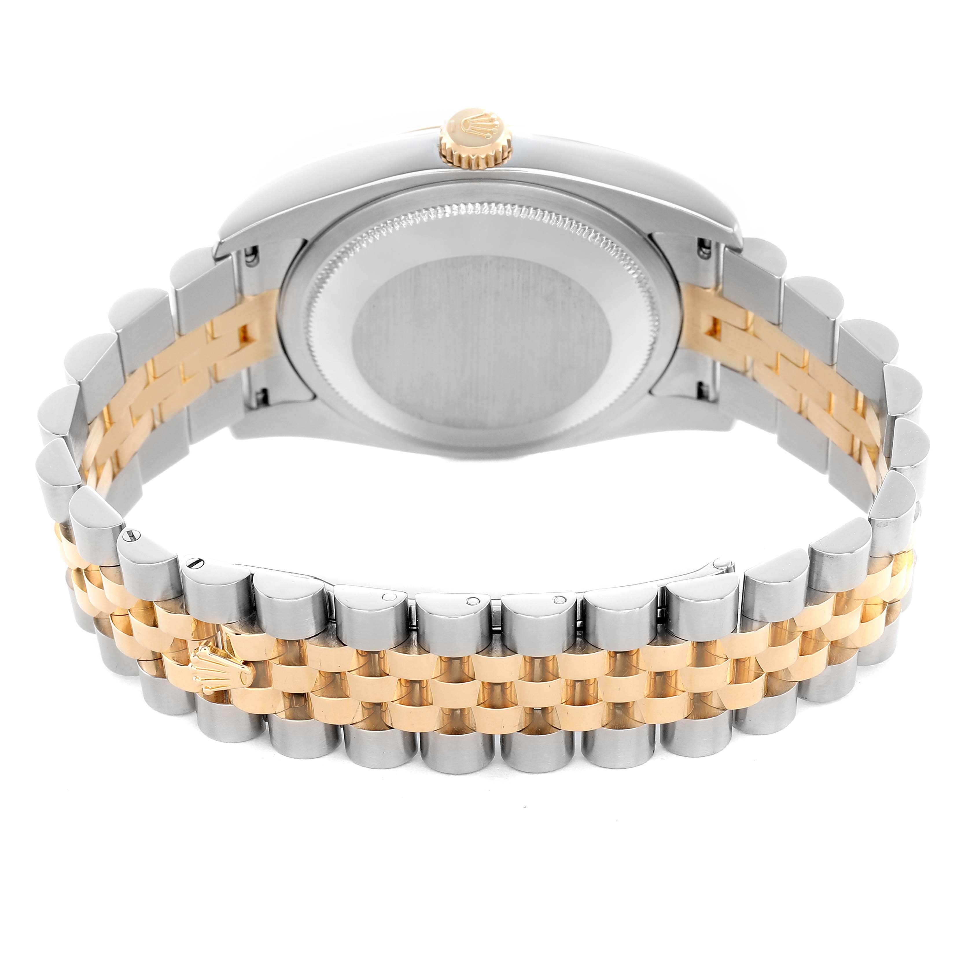 The Rolex Datejust 116233 Men's Stainless Steel Silver Dial watch is shown from the back, highlighting its case and two-tone bracelet.