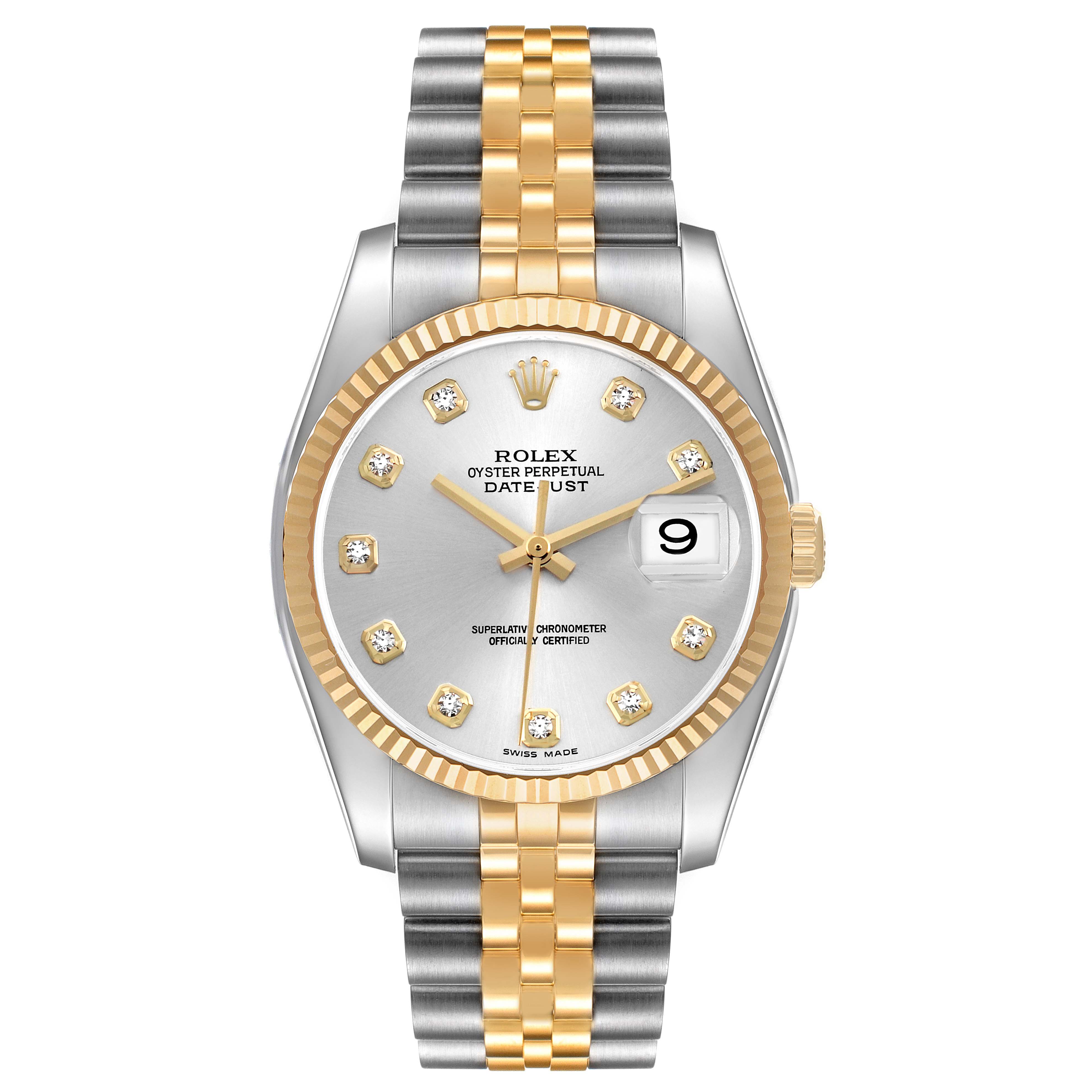 The Rolex Datejust 116233 Men's Stainless Steel Silver Dial is shown from a front angle, displaying its dial, fluted bezel, and two-tone bracelet.