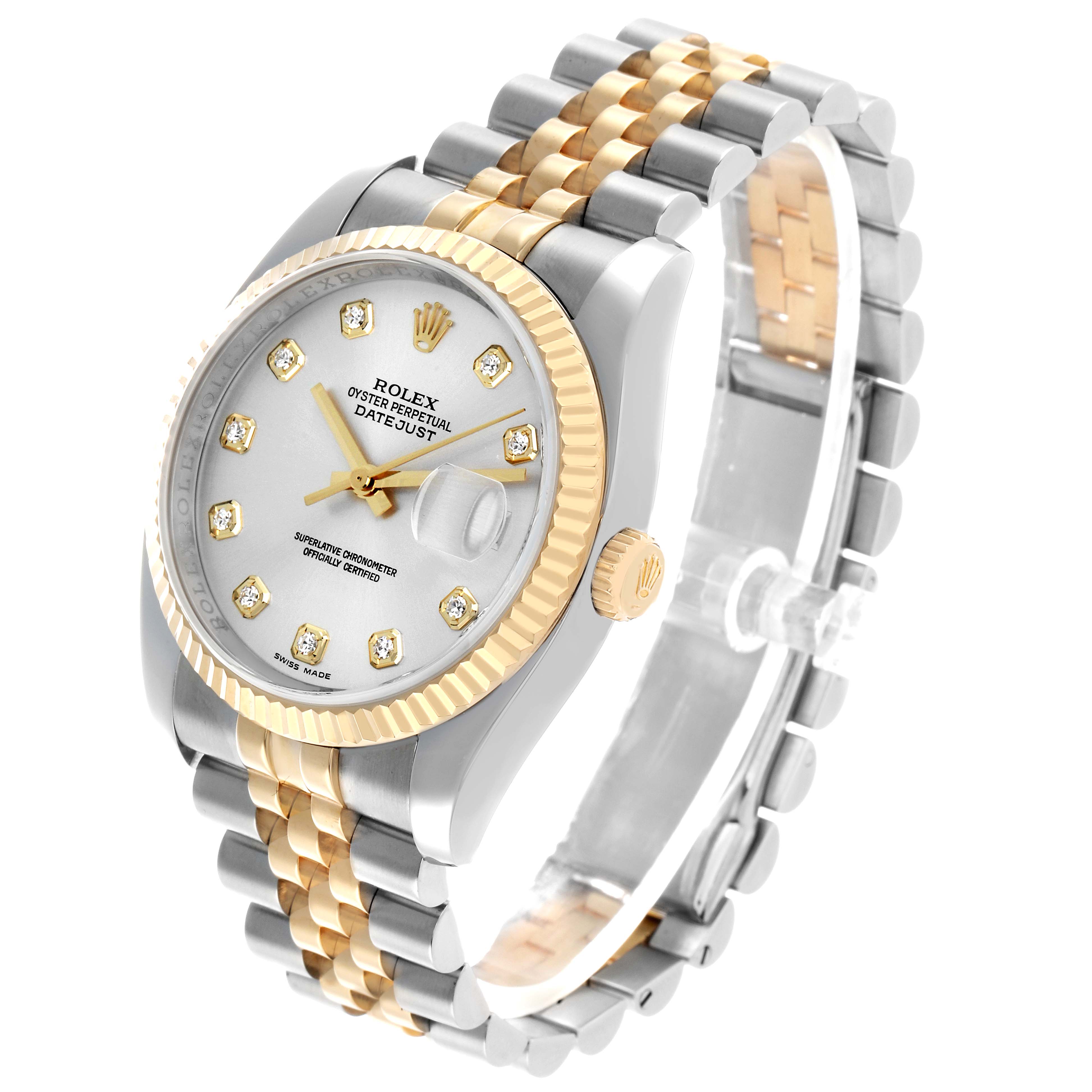 The Rolex Datejust 116233 Men's Stainless Steel Silver Dial watch is shown at a three-quarter angle, displaying the dial, bezel, crown, and two-tone bracelet.