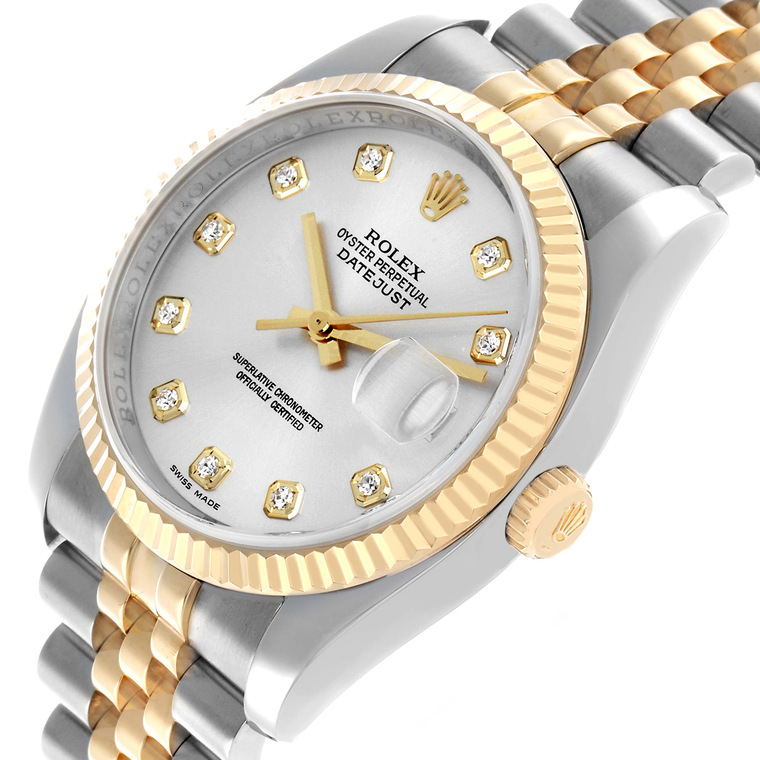 The Rolex Datejust 116233 Men's Stainless Steel Silver Dial watch is shown at an angled view, highlighting the dial, bezel, crown, and two-tone Jubilee bracelet.