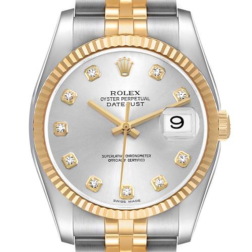 The Rolex Datejust 116233 Men's Stainless Steel Silver Dial watch is shown from a front angle, highlighting the dial, bezel, crown, and part of the bracelet.