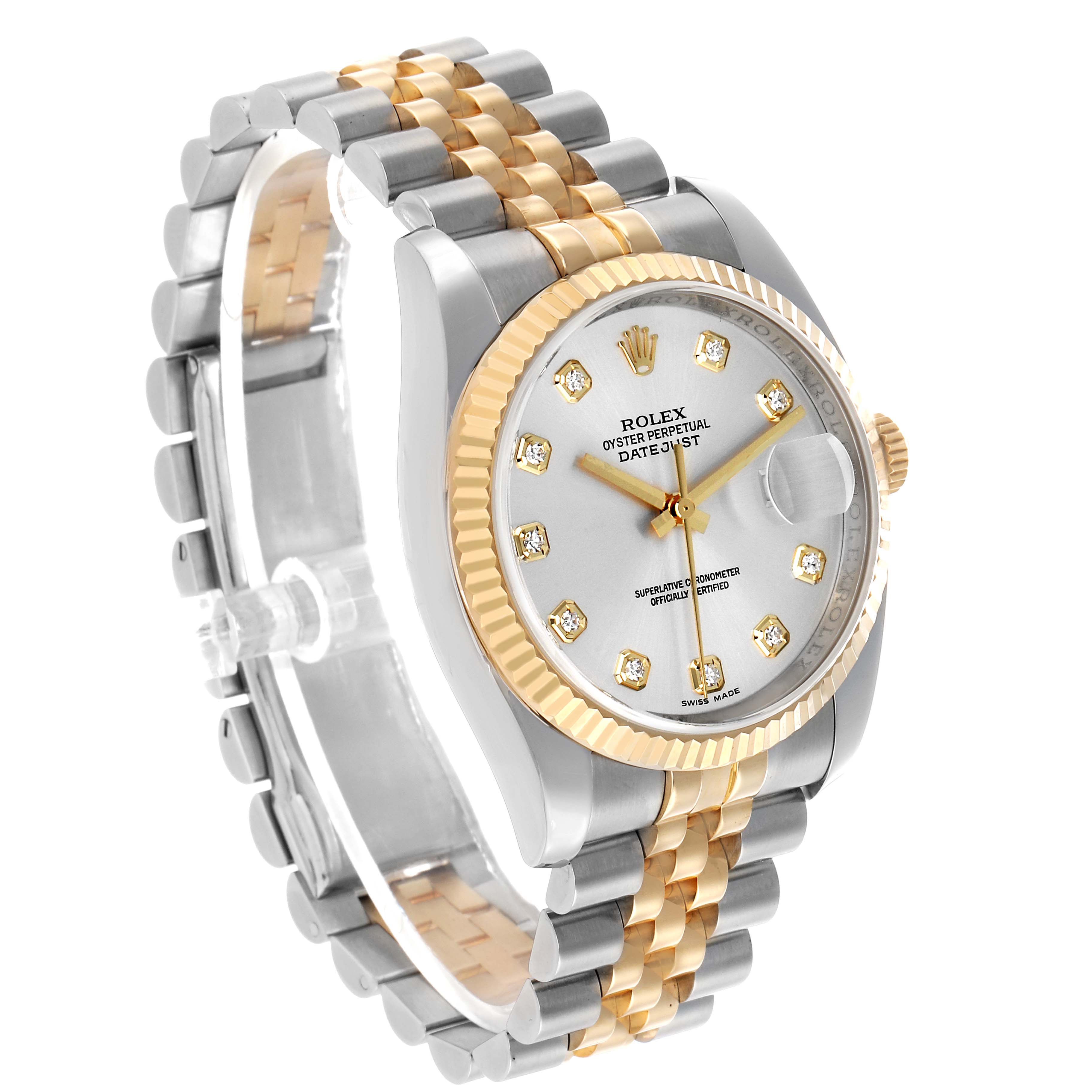 The Rolex Datejust 116233 Men's Stainless Steel Silver Dial watch is shown at a slight angle, displaying the face, bezel, and two-tone bracelet.