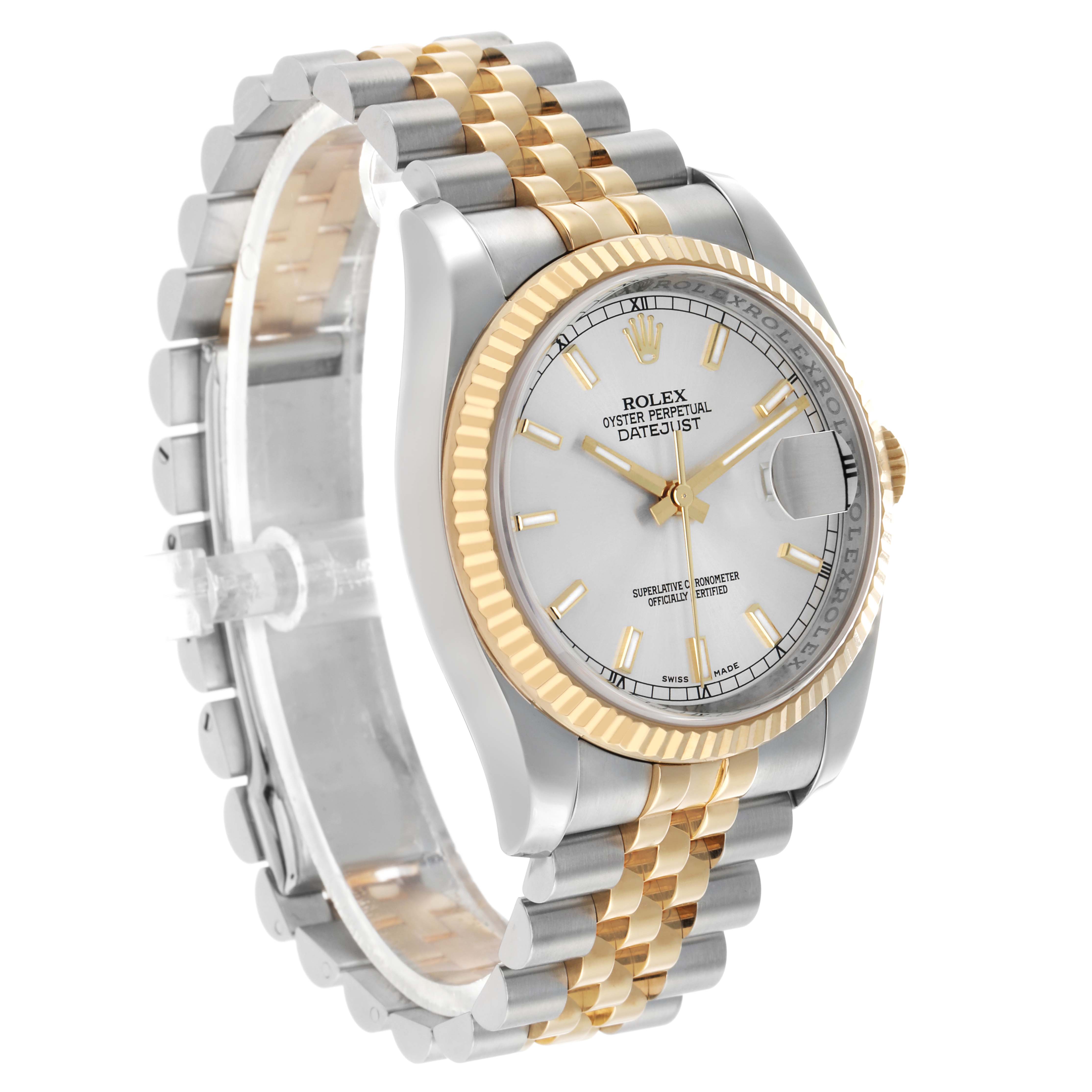 The Rolex Datejust 116233 Men's Stainless Steel Silver Dial watch is shown at an angled side view, highlighting the dial, bezel, and Jubilee bracelet.
