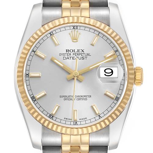 The Rolex Datejust 116233 Men's Stainless Steel Silver Dial watch is shown from the front, highlighting its dial, bezel, crown, and part of the bracelet.