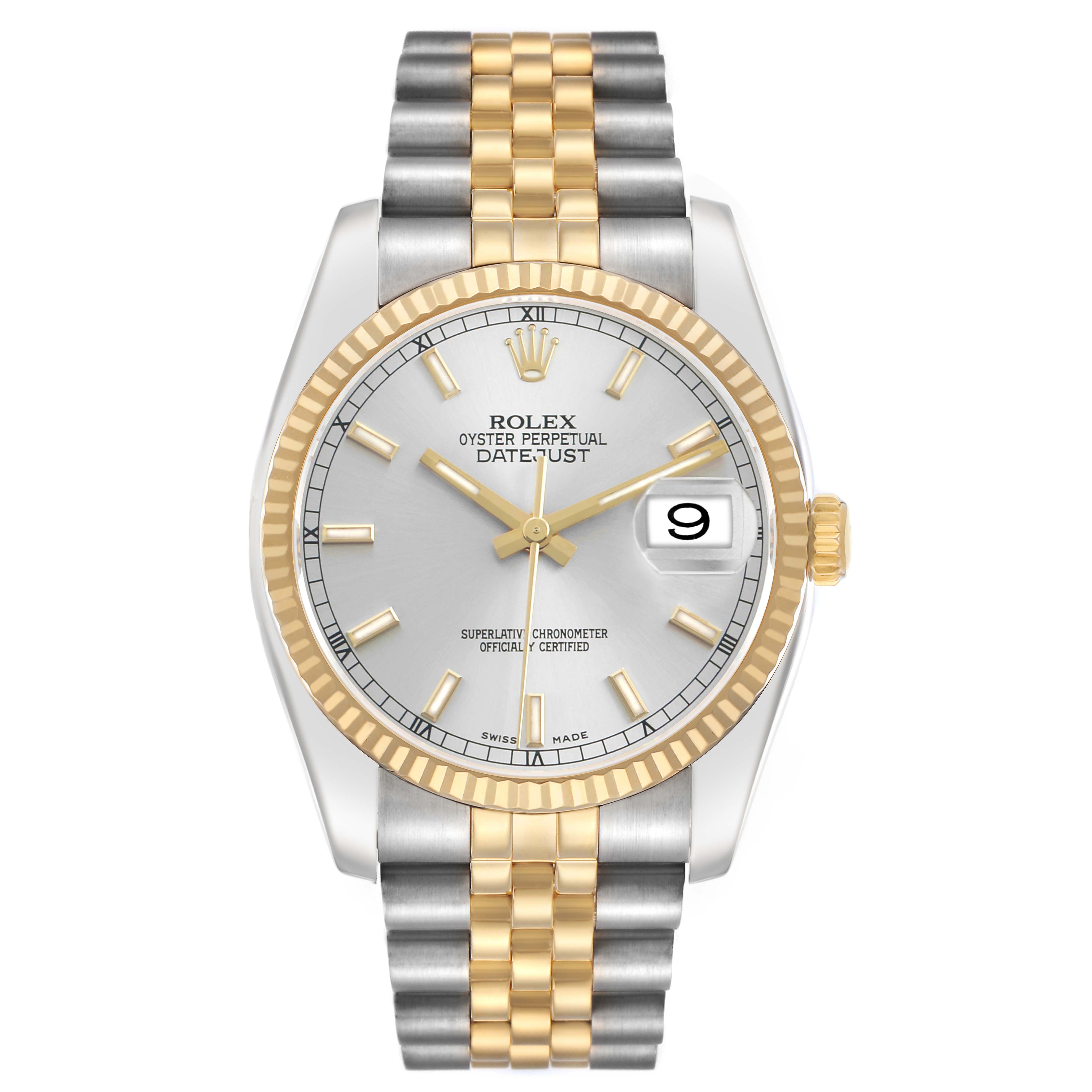 The Rolex Datejust 116233 Men's Stainless Steel Silver Dial is shown from the front, displaying the dial, bezel, crown, and two-tone bracelet.