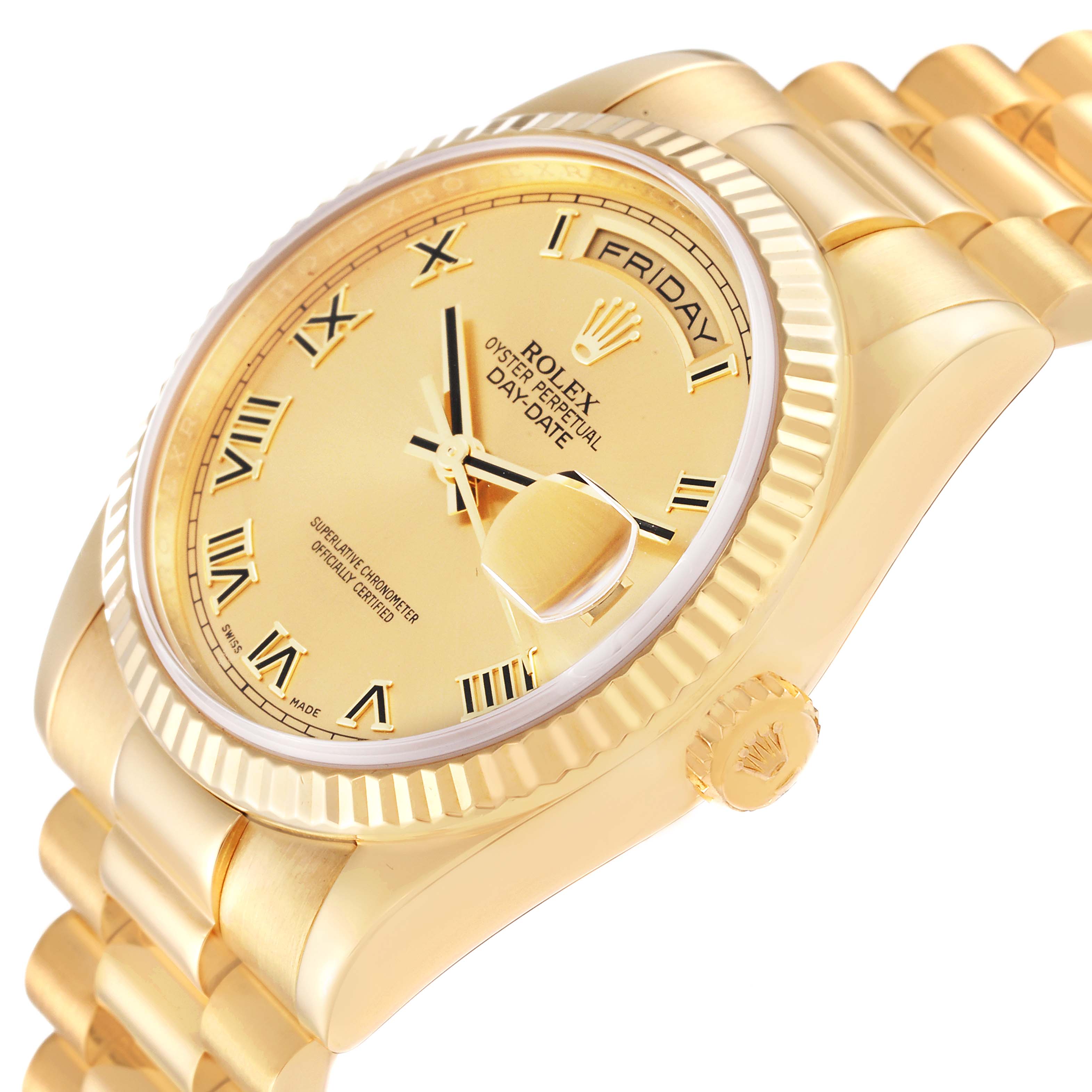 The image shows a side angle of a Rolex President 118238 Men
s Yellow Gold Champagne Dial 118238 Men
s Yellow Gold Champagne Dial model watch, highlighting the dial, fluted bezel, and part of the bracelet.