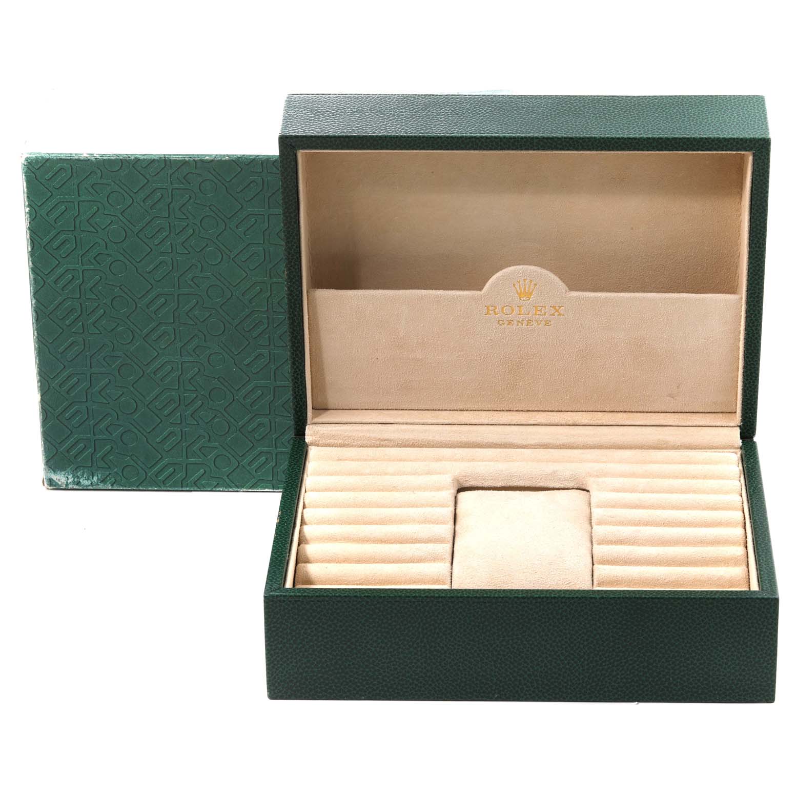 This image shows an open green Rolex President 118238 Men
s Yellow Gold Champagne Dial 118238 Men
s Yellow Gold Champagne Dial watch box with an empty beige interior and the Rolex logo inside the lid.