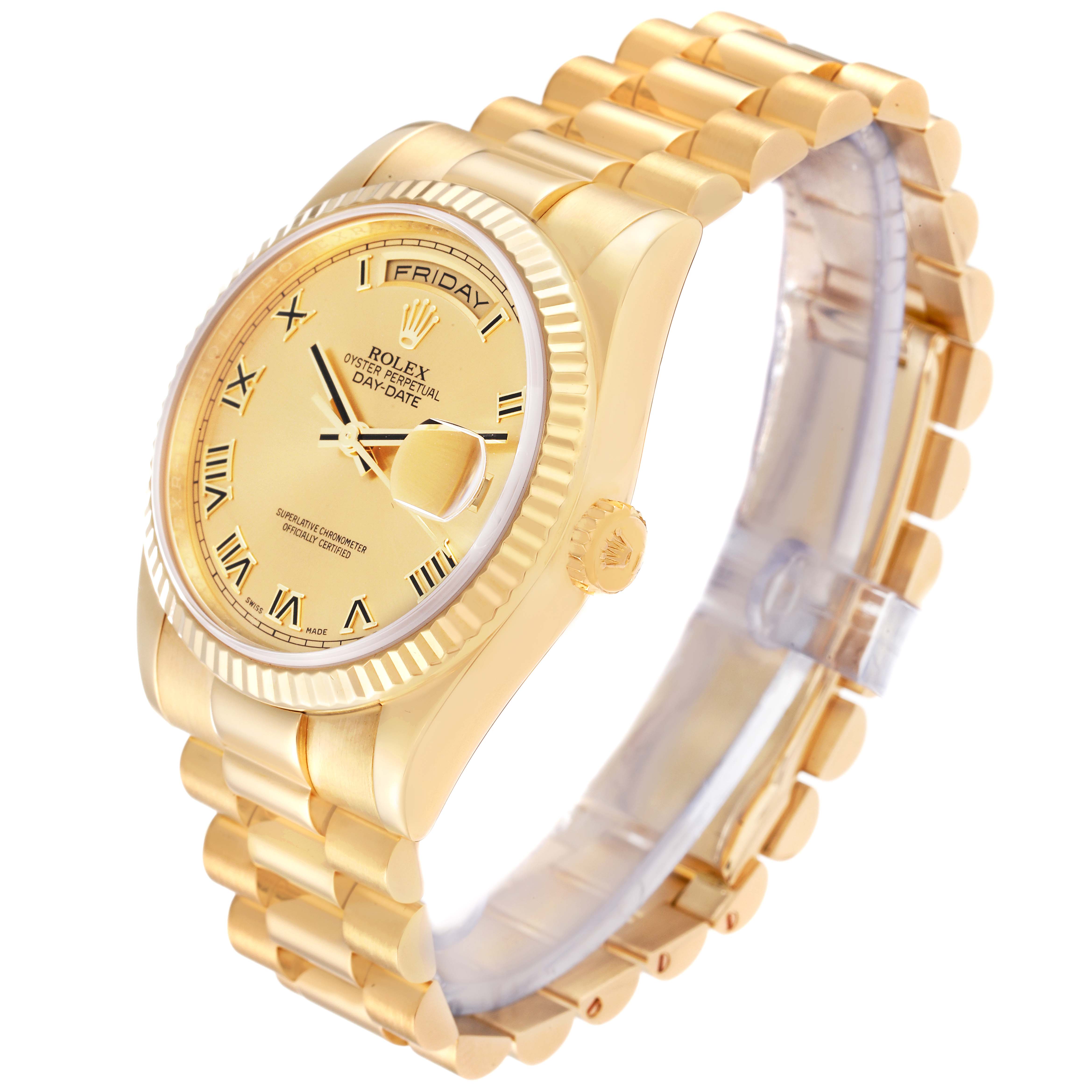 The image shows a Rolex President 118238 Men
s Yellow Gold Champagne Dial 118238 Men
s Yellow Gold Champagne Dial model watch at a three-quarter angle, displaying the face, bracelet, and crown.