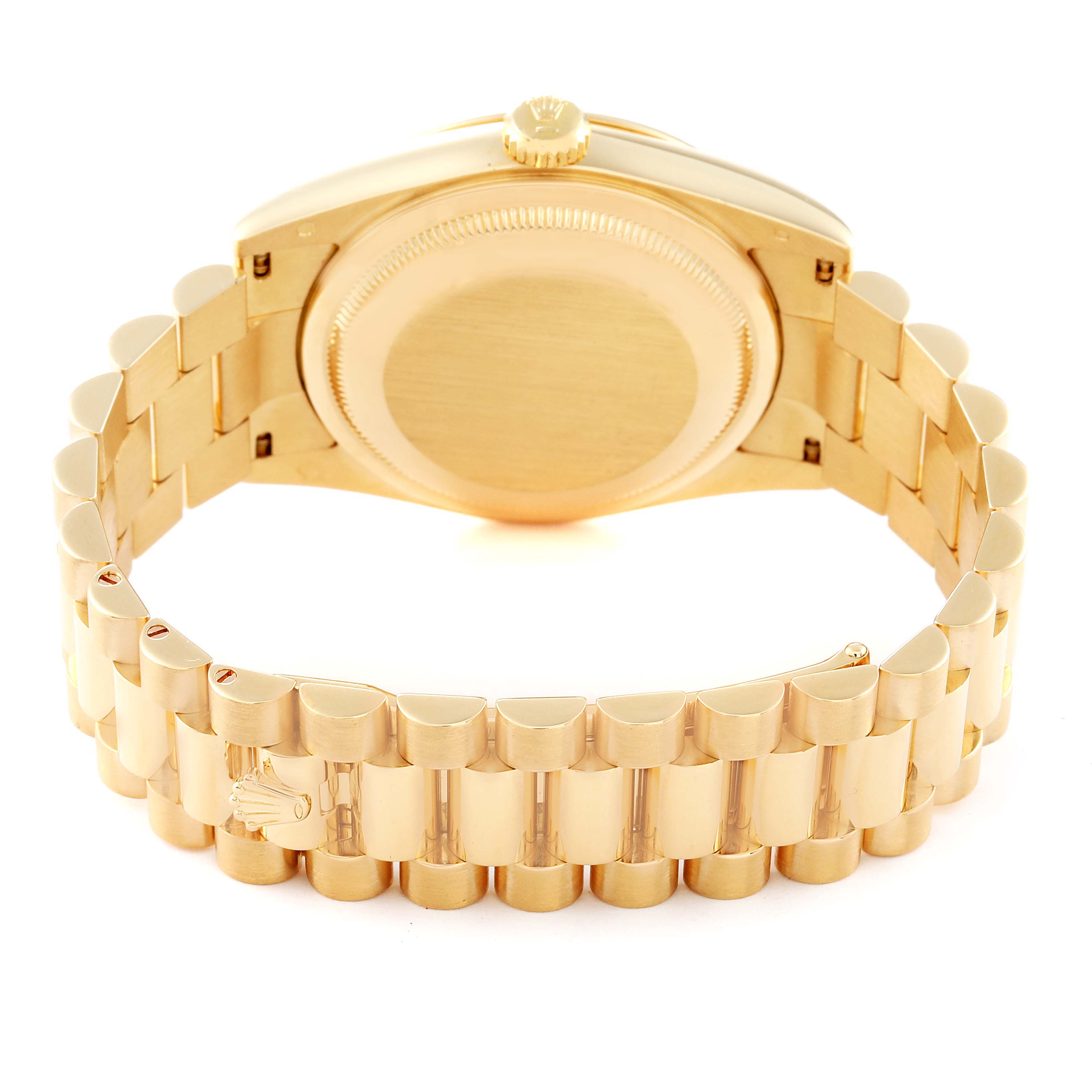 The image displays the backside and bracelet of a Rolex President 118238 Men
s Yellow Gold Champagne Dial 118238 Men
s Yellow Gold Champagne Dial model watch in gold.