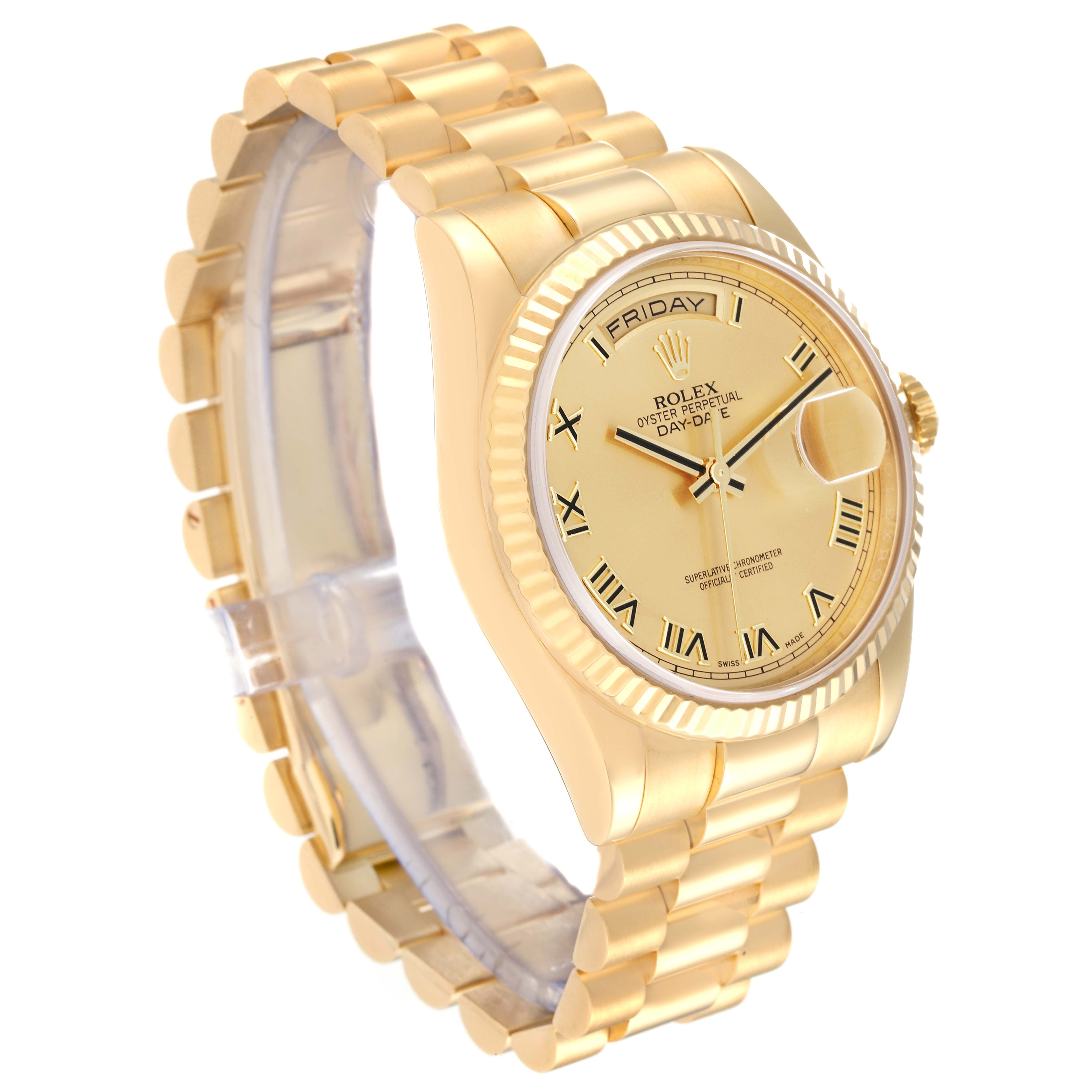 The image shows a side angle of the Rolex President 118238 Men
s Yellow Gold Champagne Dial 118238 Men
s Yellow Gold Champagne Dial model watch, highlighting the gold bracelet, dial, and fluted bezel.
