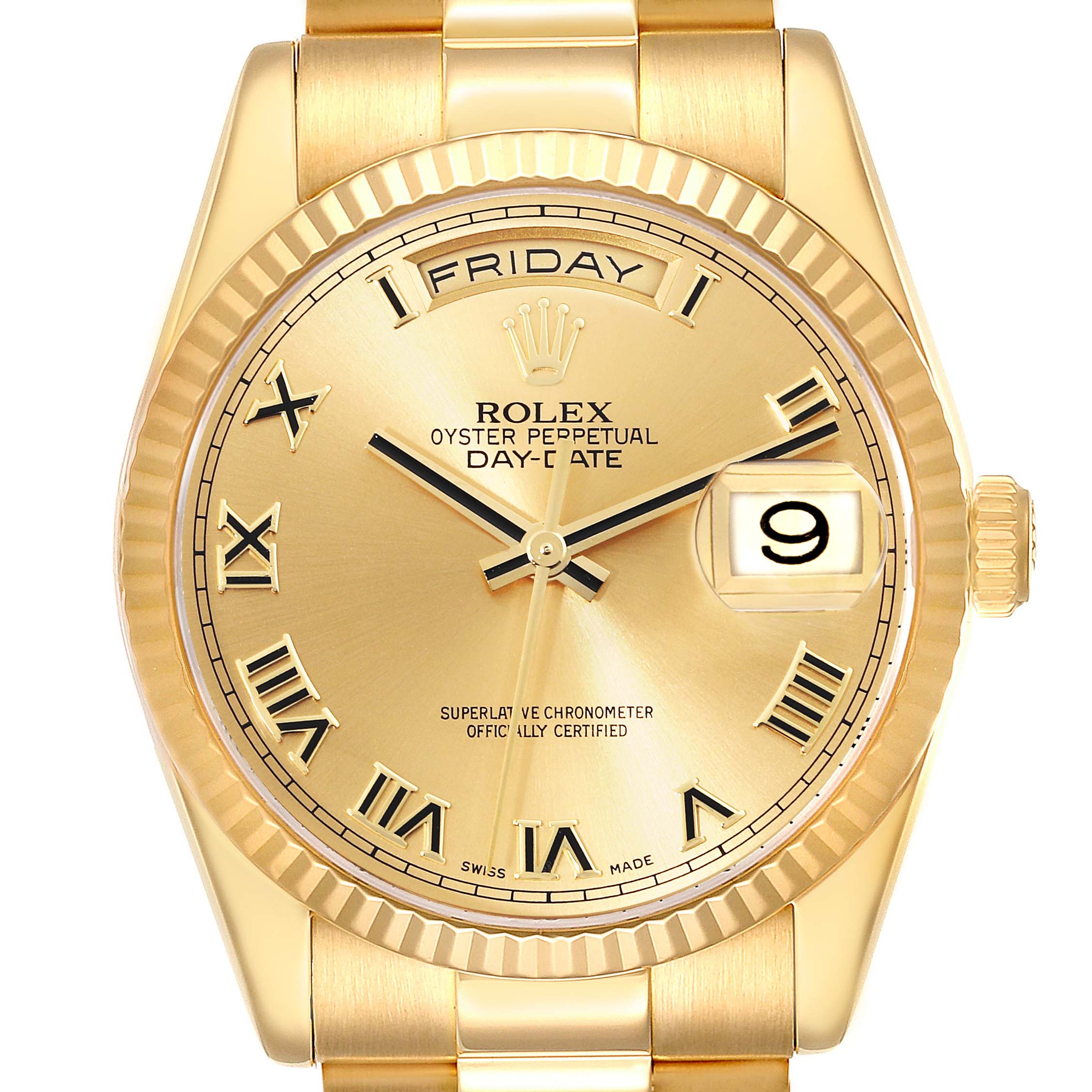 This image shows a front view of the Rolex President 118238 Men
s Yellow Gold Champagne Dial 118238 Men
s Yellow Gold Champagne Dial model watch, highlighting the dial, day-date feature, and crown.