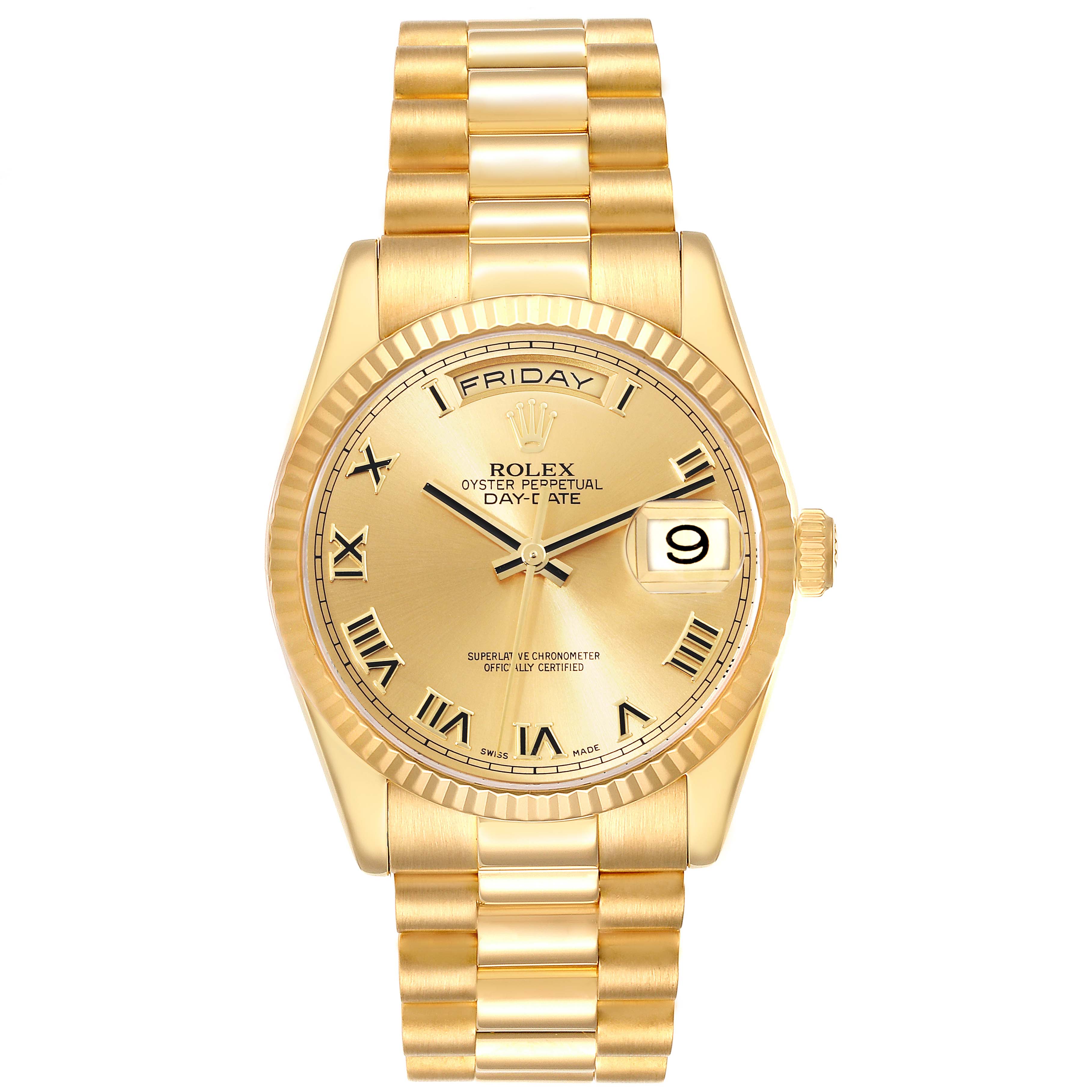 The image shows a front view of a Rolex President 118238 Men
s Yellow Gold Champagne Dial 118238 Men
s Yellow Gold Champagne Dial model watch, highlighting its gold bracelet, fluted bezel, and day-date display.