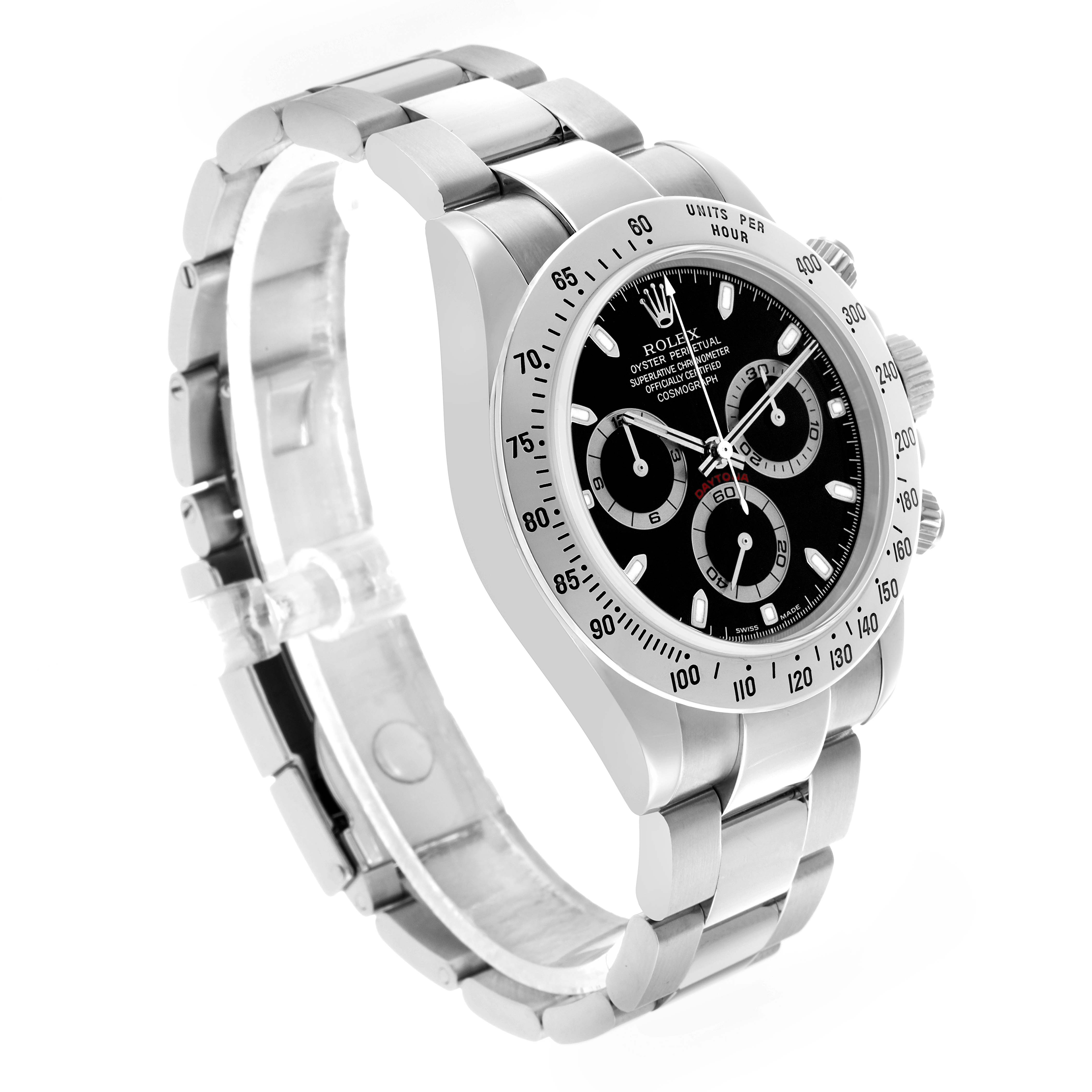 The Rolex Daytona 116520 Men's Stainless Steel Black Dial watch is shown at a three-quarter angle, highlighting the bezel, dial, and bracelet.