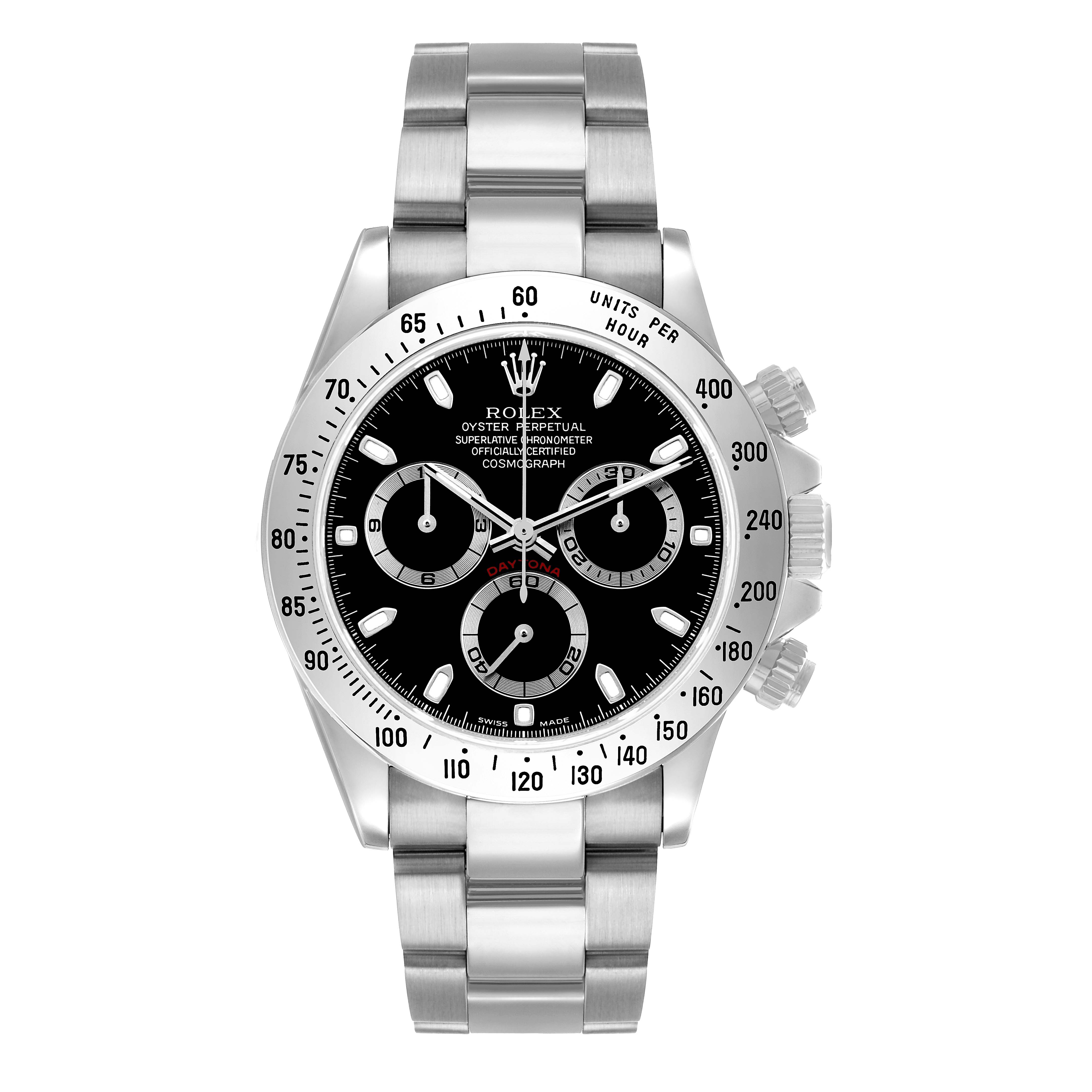 The Rolex Daytona 116520 Men's Stainless Steel Black Dial watch is shown from a front angle, highlighting the dial, bezel, and bracelet.