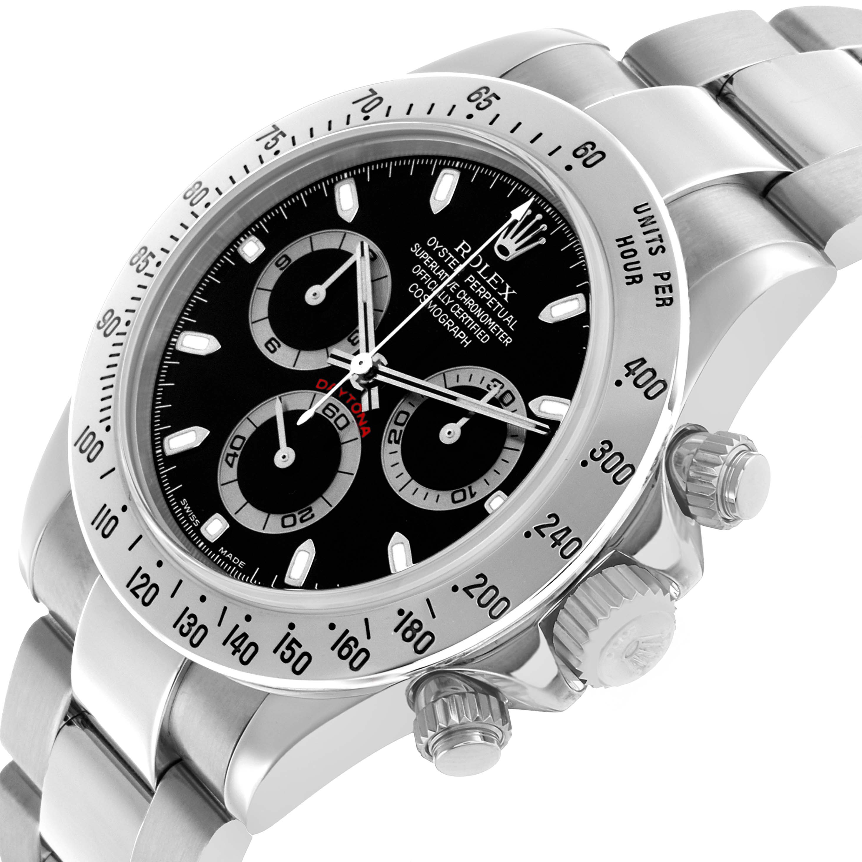 The Rolex Daytona 116520 Men's Stainless Steel Black Dial watch is shown at a slight angle, highlighting the bezel, crown, and bracelet.