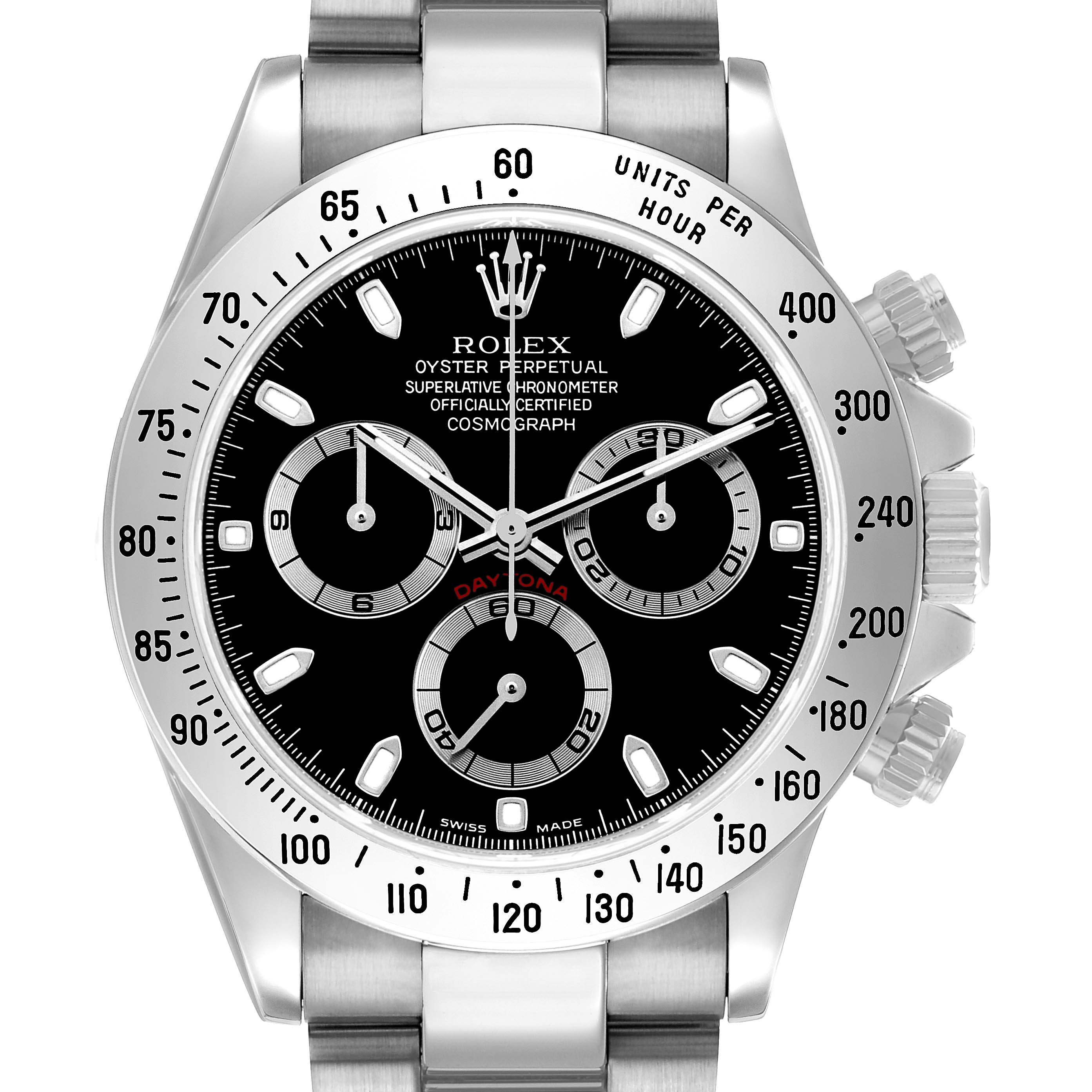 The image shows a frontal view of the Rolex Daytona 116520 Men's Stainless Steel Black Dial watch, highlighting its black dial, sub-dials, and tachymetric scale on the bezel.