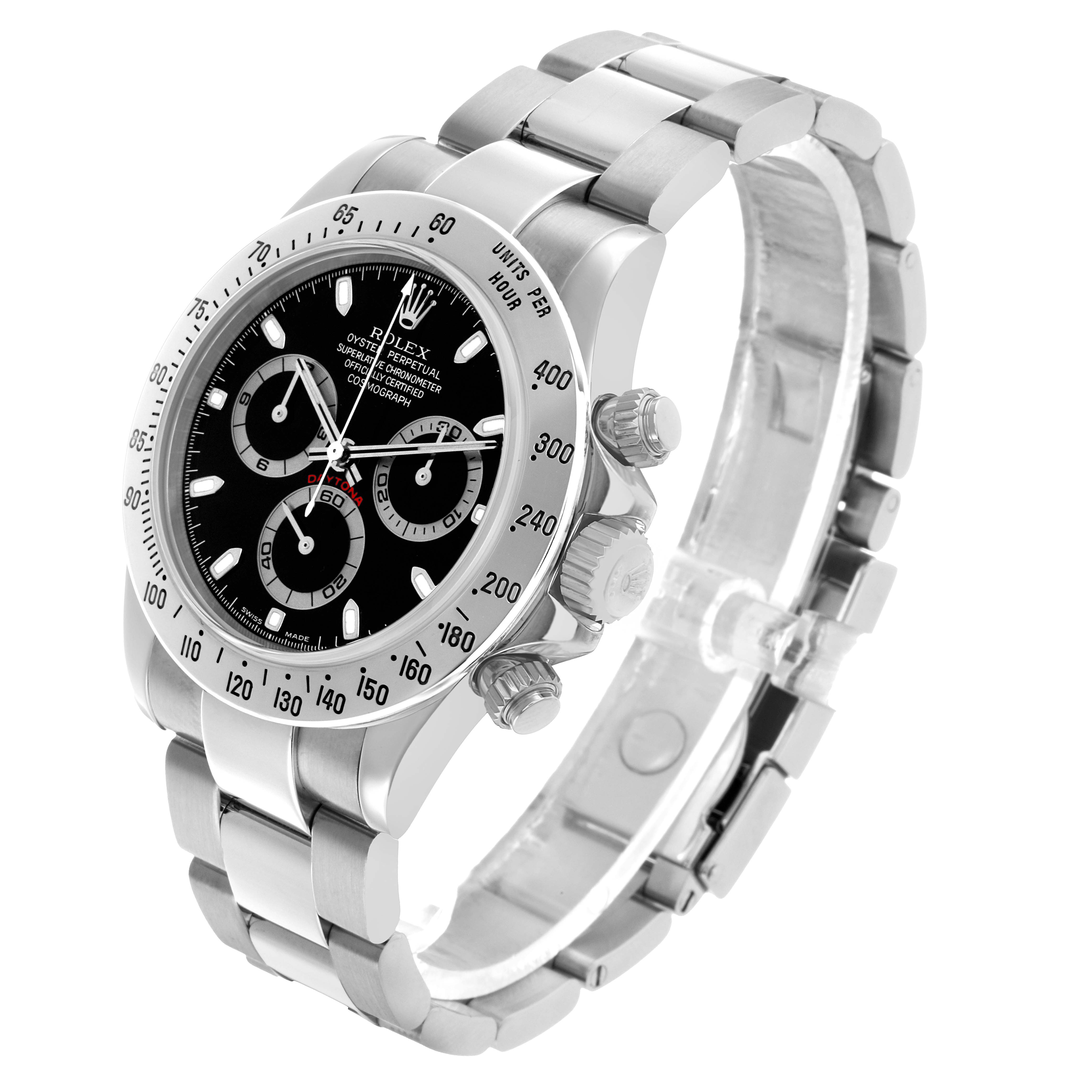 The Rolex Daytona 116520 Men's Stainless Steel Black Dial watch is shown at a slight angle highlighting its bezel, dial, crown, and bracelet.
