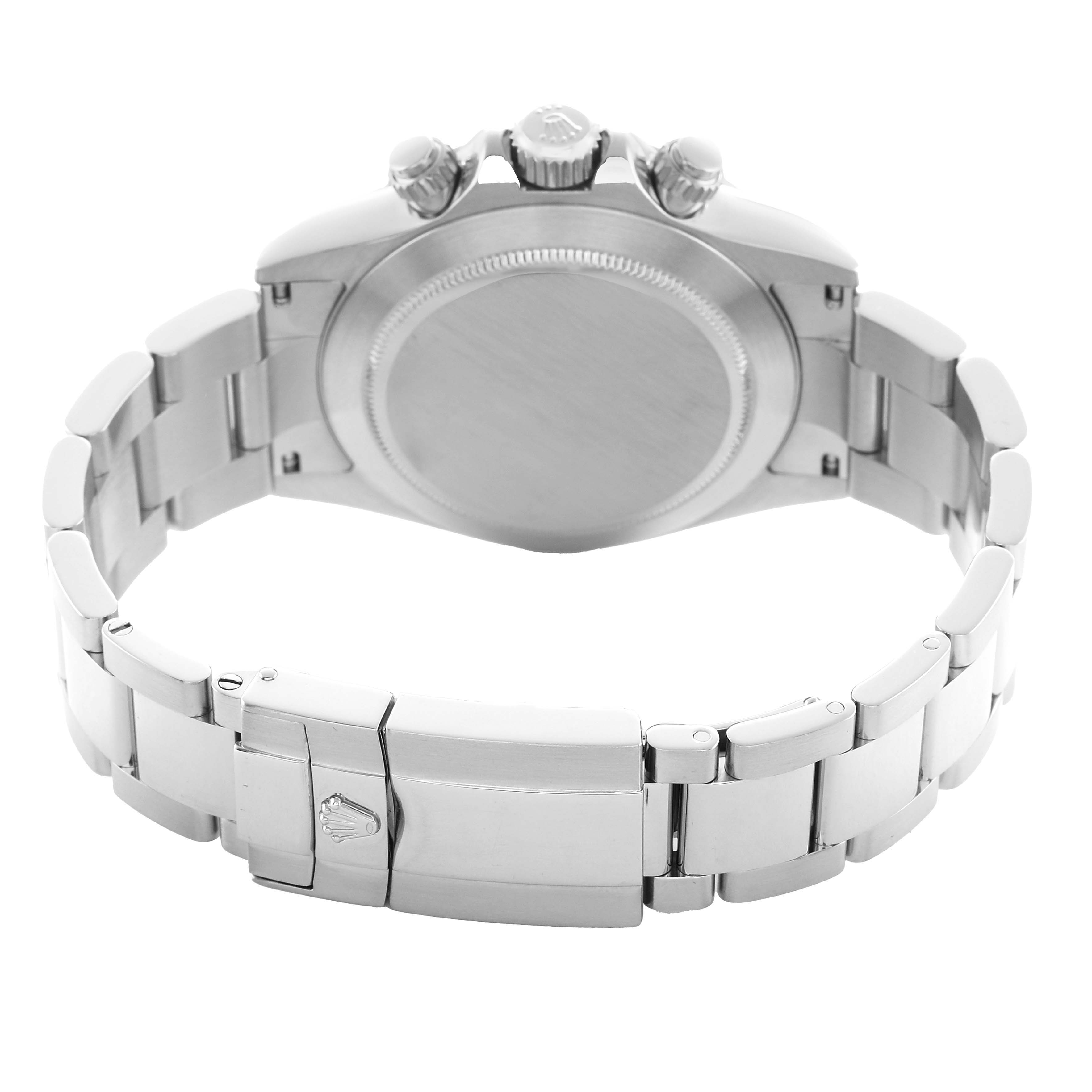 The image shows the back and clasp of a Rolex Daytona 116520 Men's Stainless Steel Black Dial watch, with the bracelet and crown partially visible.