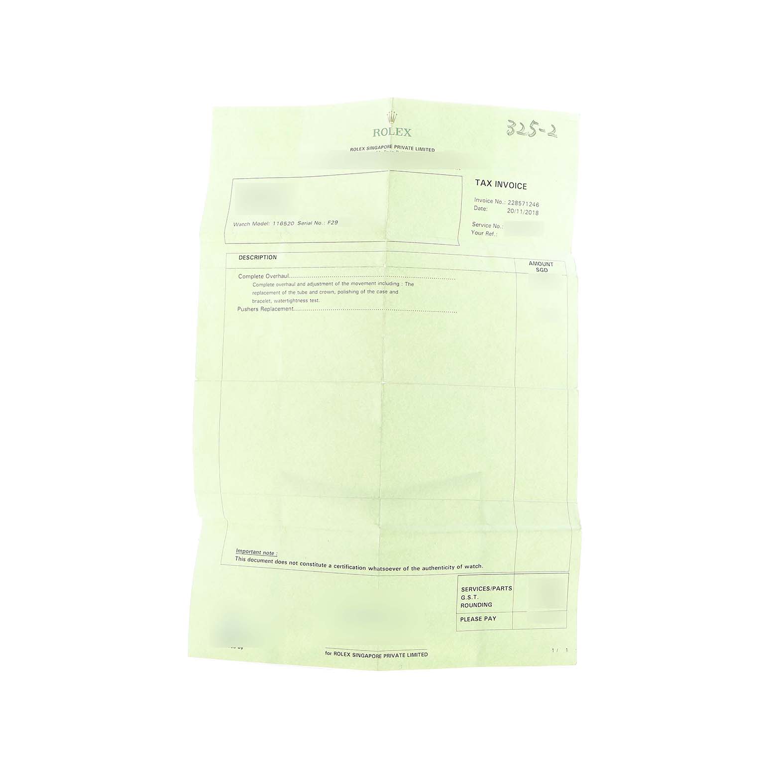 The image shows a tax invoice for a Rolex Daytona 116520 Men's Stainless Steel Black Dial, without any watch or accessory parts visible.