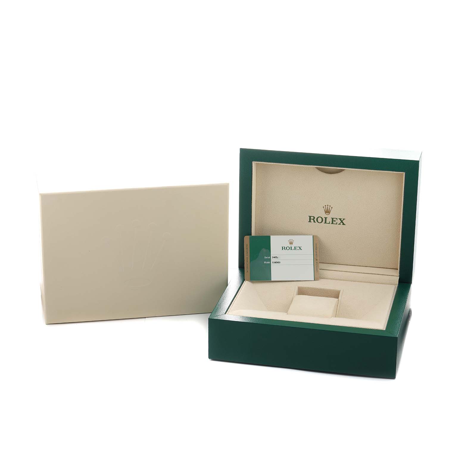 This image shows the open box and cardholder for a Rolex Daytona 116503 Men's Steel and Gold (two tone) Blue Dial, viewed from the front-right angle.