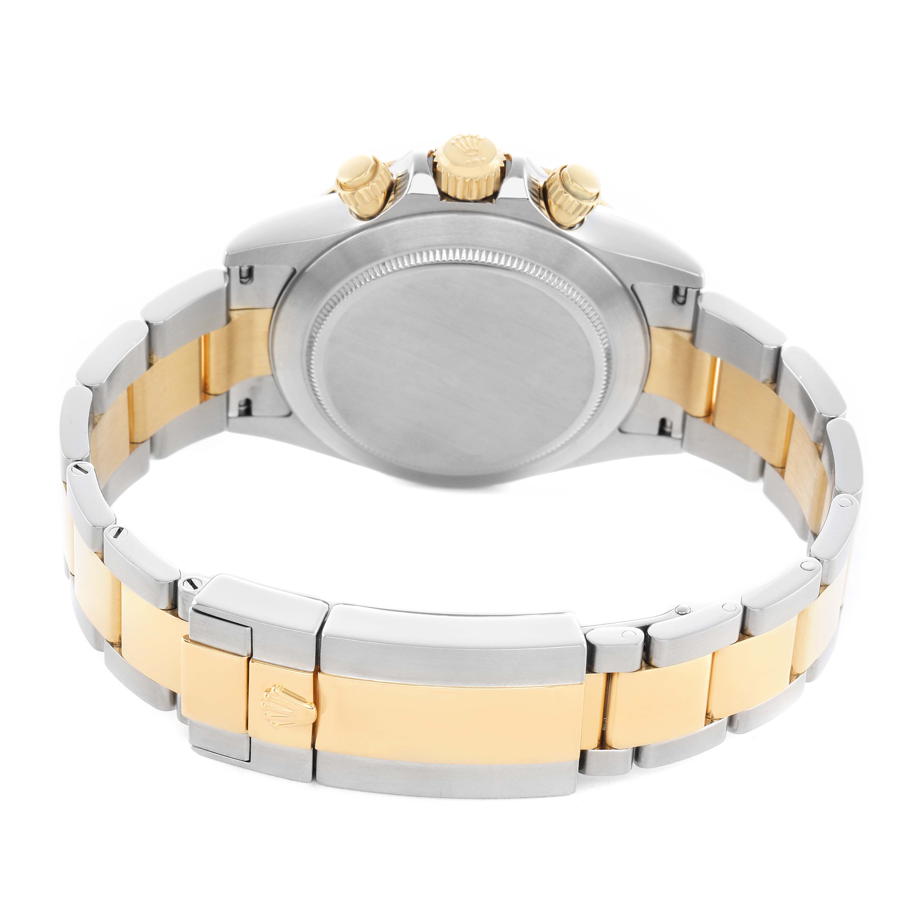 The image shows the back and part of the bracelet of a Rolex Daytona 116503 Men's Steel and Gold (two tone) Blue Dial, highlighting the case back and gold-accented links.