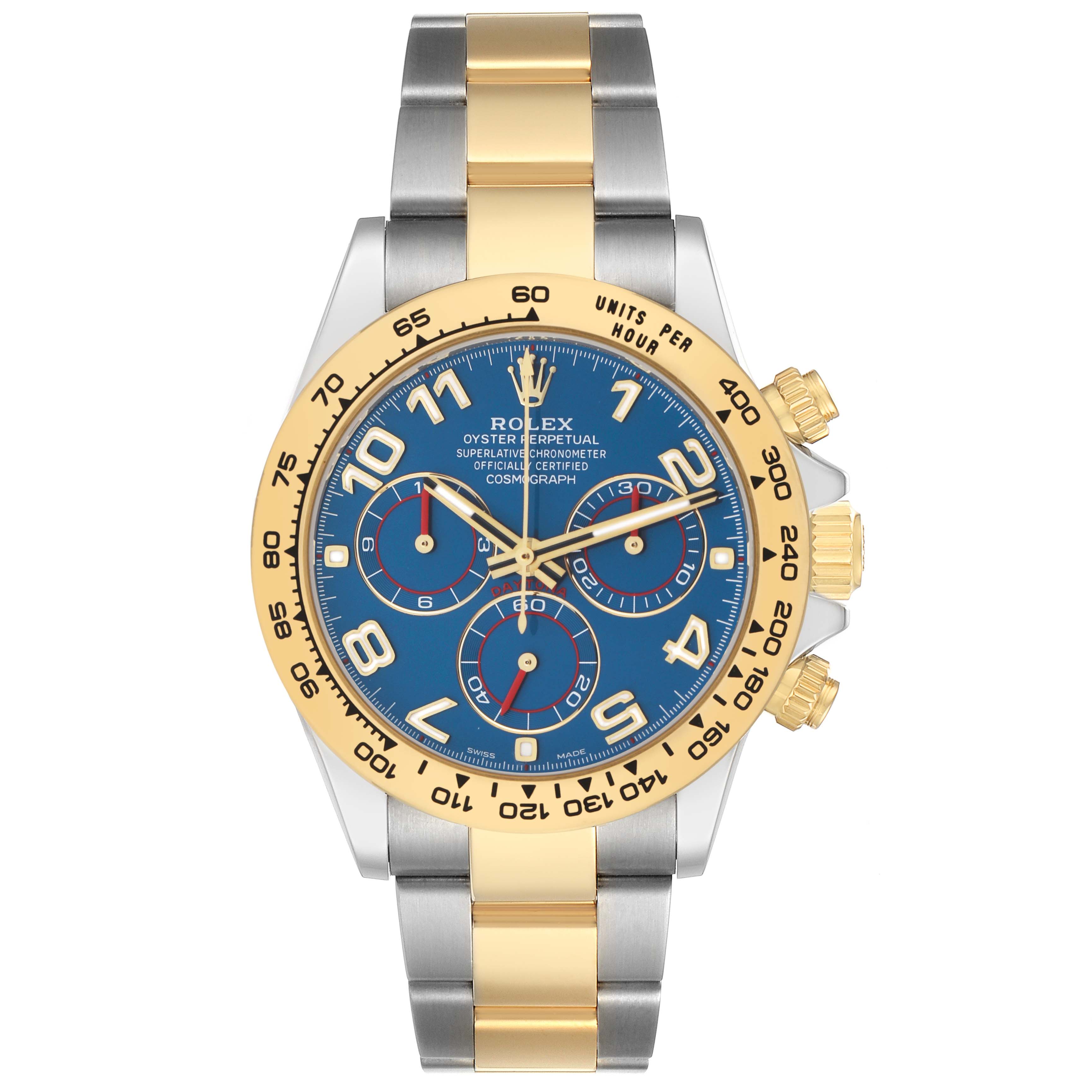 The Rolex Daytona 116503 Men's Steel and Gold (two tone) Blue Dial watch is shown from a top-down angle, highlighting the blue dial, gold bezel, and two-tone bracelet.