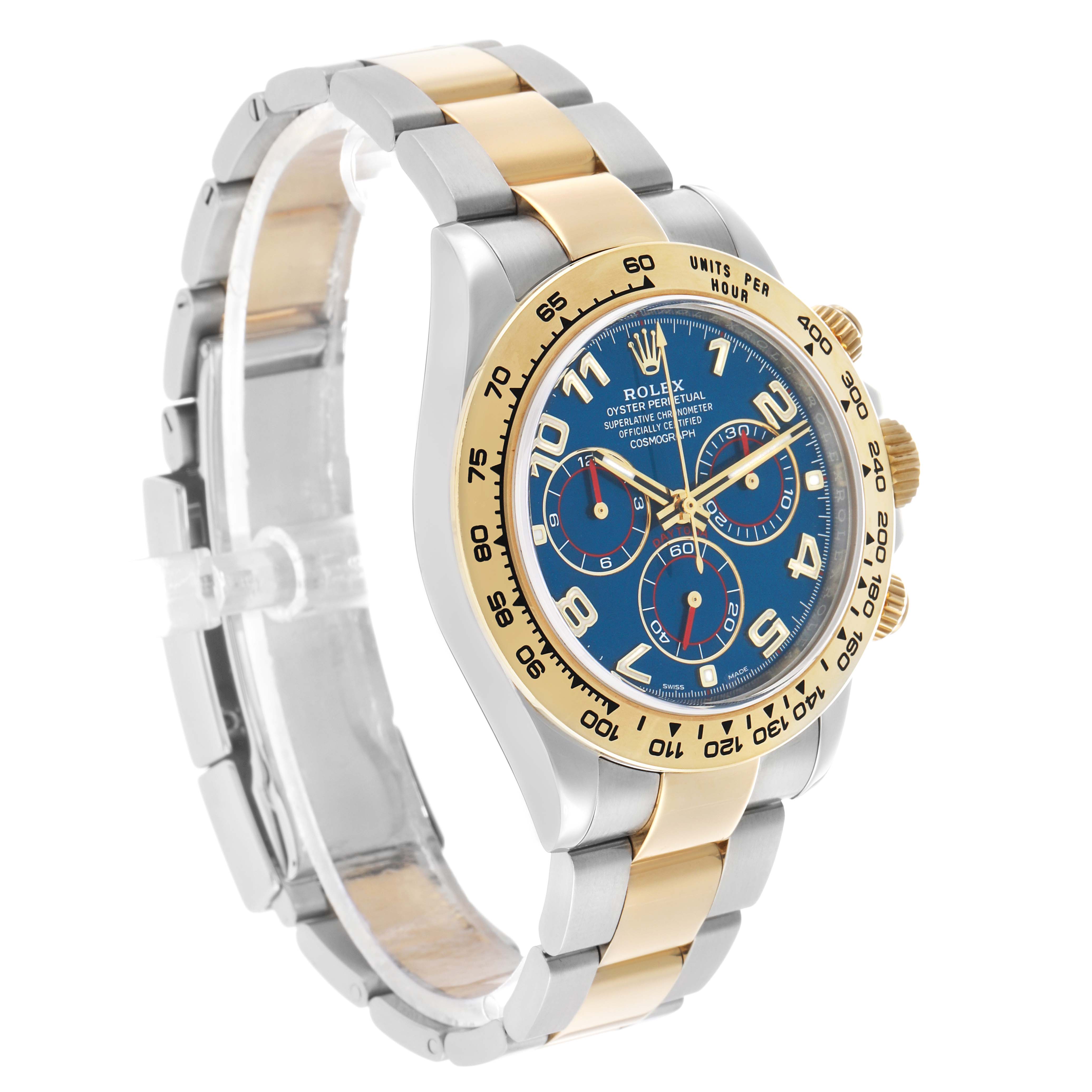 The Rolex Daytona 116503 Men's Steel and Gold (two tone) Blue Dial watch is shown at a three-quarter angle, highlighting the bezel, dial, and two-tone bracelet.