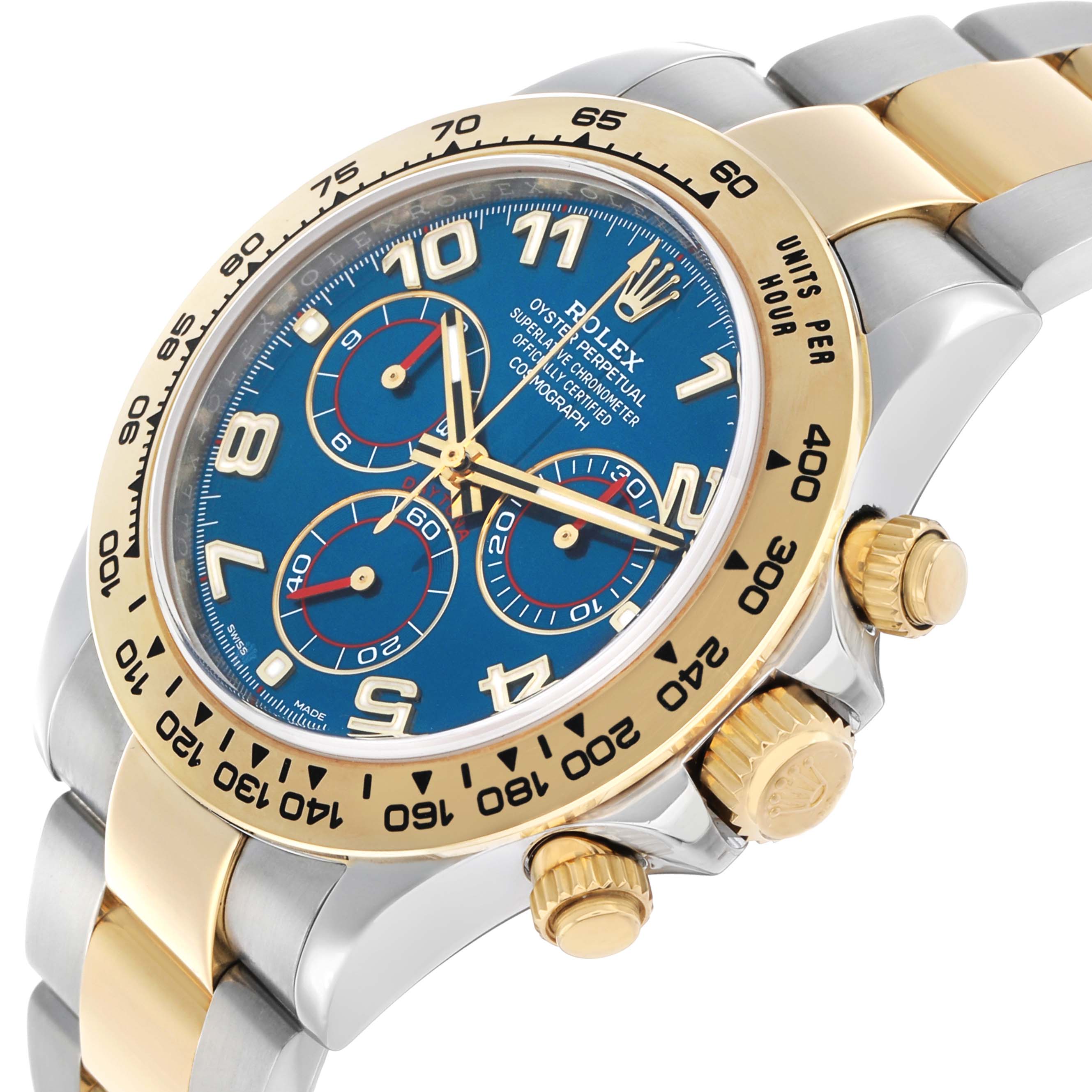 The Rolex Daytona 116503 Men's Steel and Gold (two tone) Blue Dial watch is shown at an angled close-up, highlighting the blue dial, gold bezel, and two-tone bracelet.