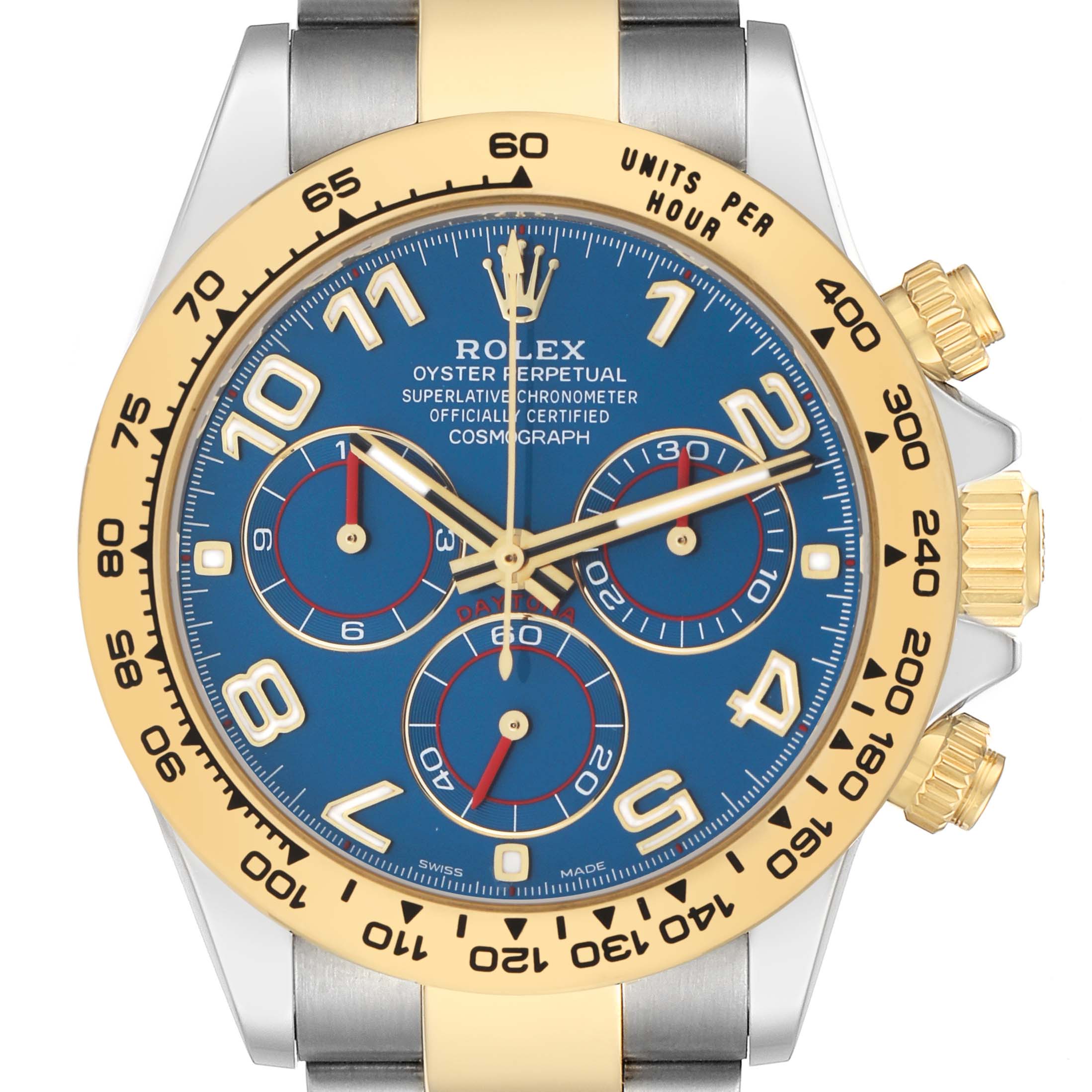 The Rolex Daytona 116503 Men's Steel and Gold (two tone) Blue Dial watch is shown from the front, displaying its blue dial, subdials, gold bezel, and side crown.