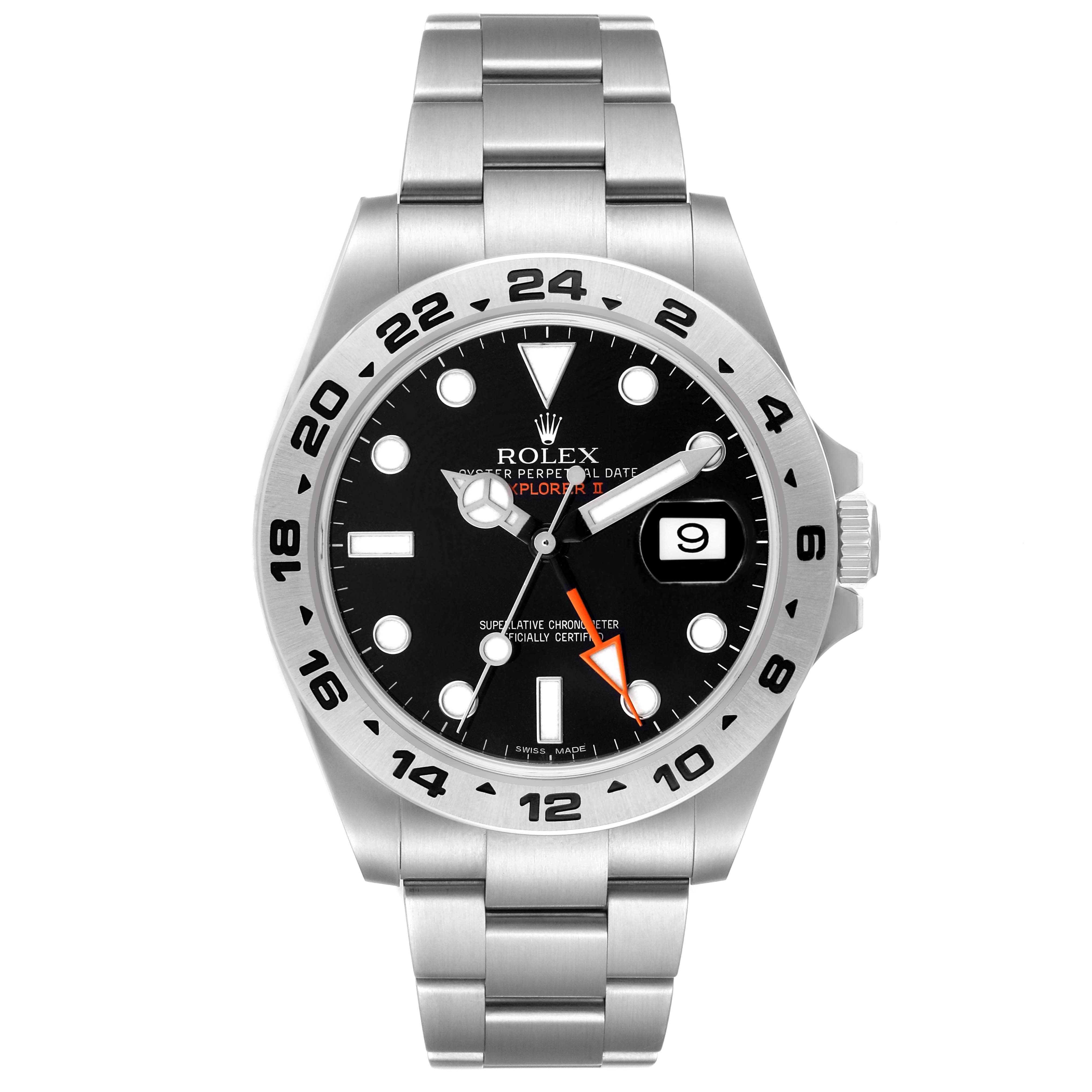 The Rolex Explorer 216570 Men's Stainless Steel Black Dial watch is shown from the front, displaying its dial, bezel, hands, bracelet, and date function.