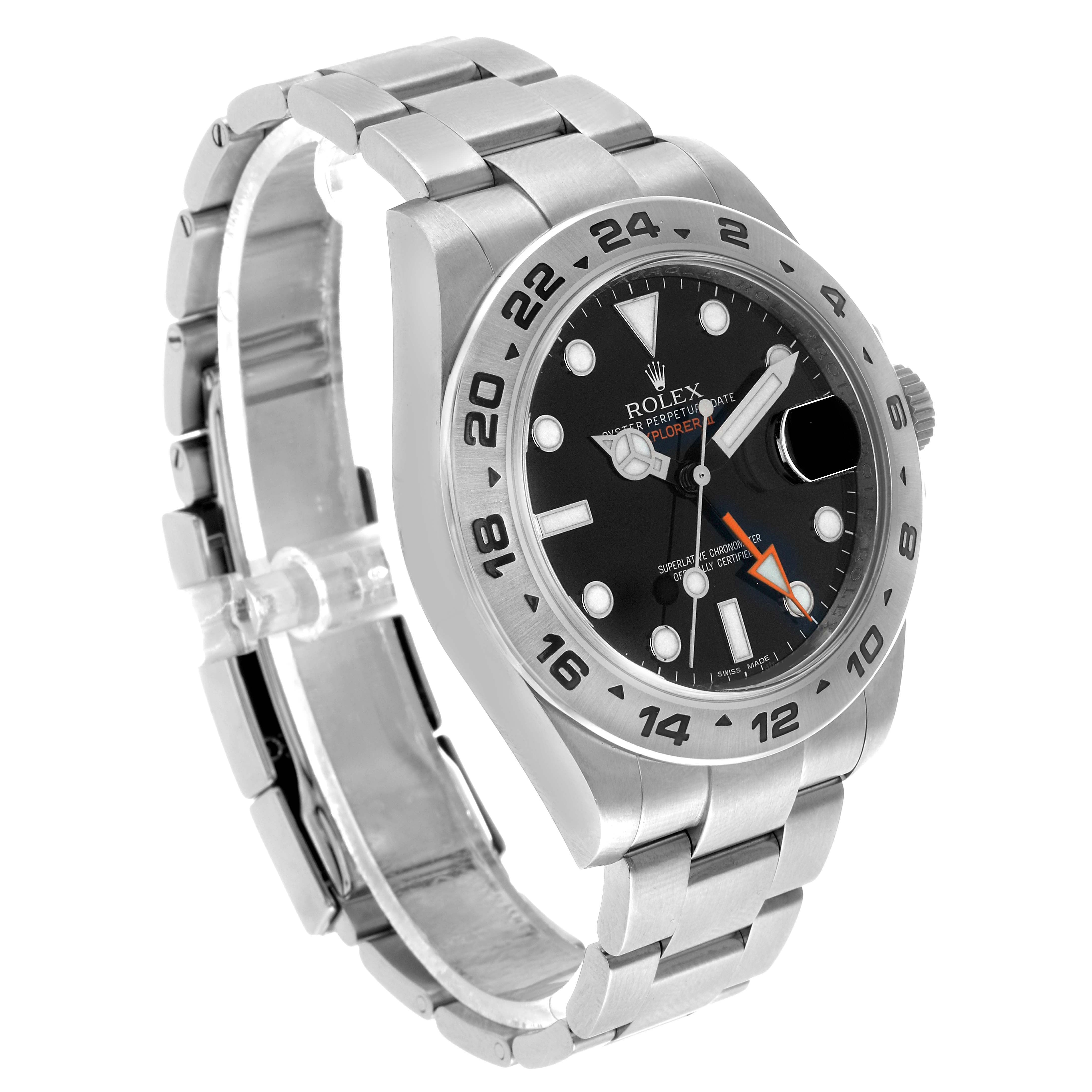 The Rolex Explorer 216570 Men's Stainless Steel Black Dial watch is shown at a three-quarters angle, highlighting the dial, bezel, and bracelet.