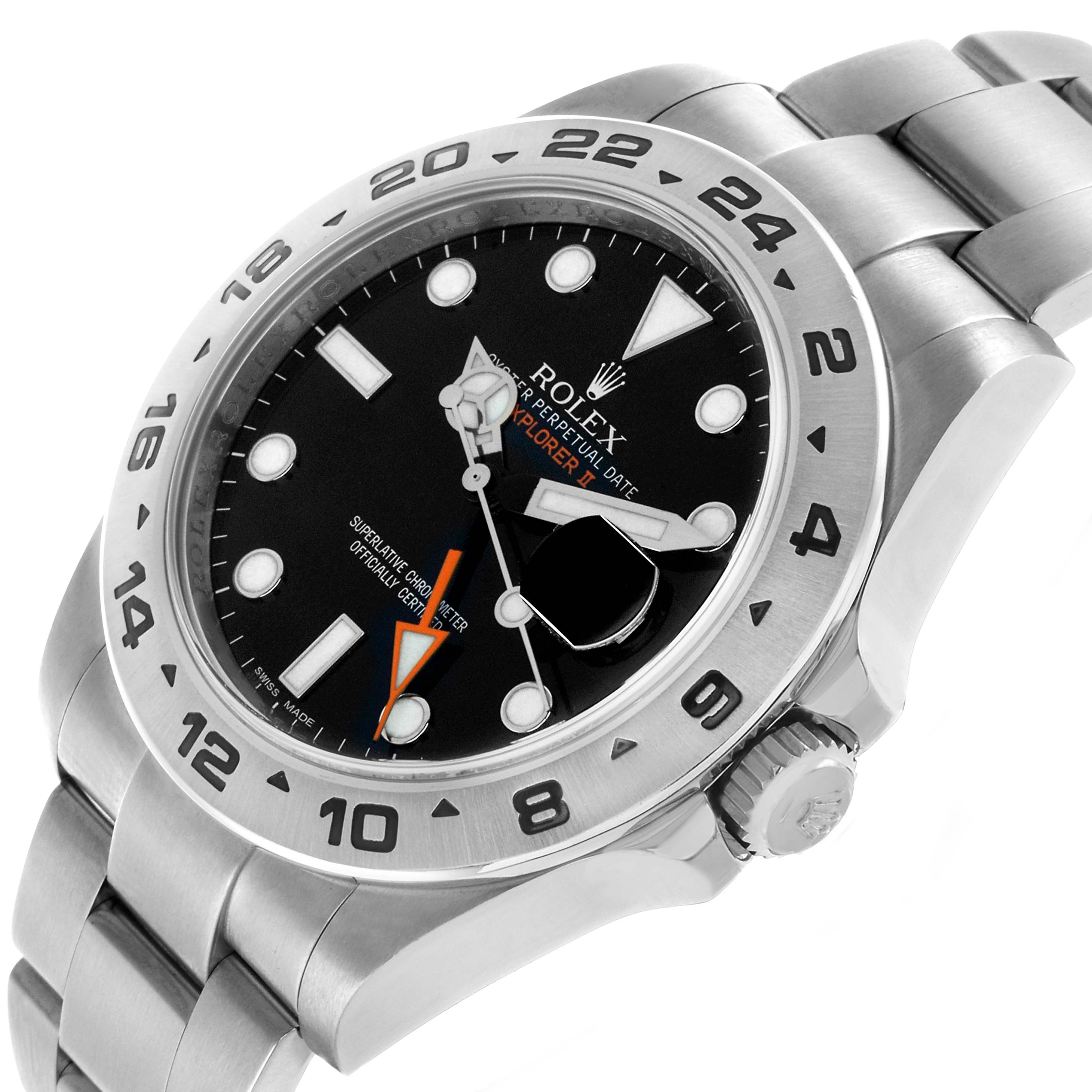 The Rolex Explorer 216570 Men's Stainless Steel Black Dial watch is shown at an angled view, highlighting the face, bezel, crown, and part of the bracelet.