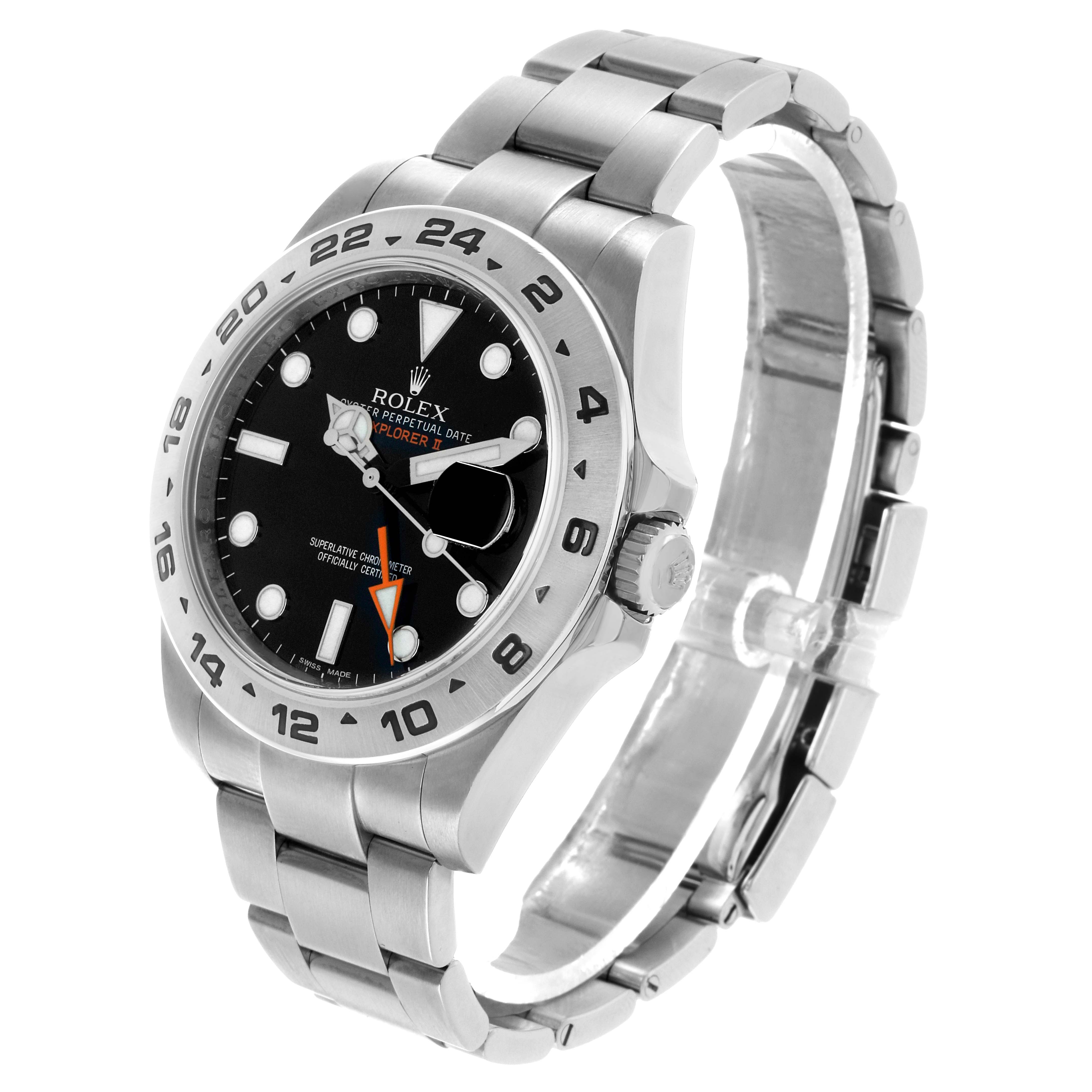 The Rolex Explorer 216570 Men's Stainless Steel Black Dial watch is shown at a three-quarter angle, highlighting the dial, bezel, crown, and metal bracelet.