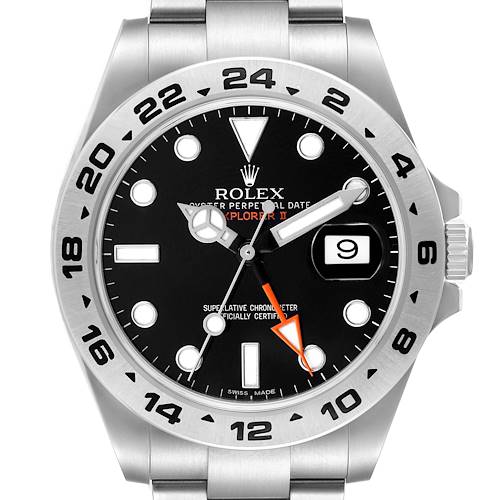 The Rolex Explorer 216570 Men's Stainless Steel Black Dial II watch is shown from the front, highlighting its dial, bezel, and date window.