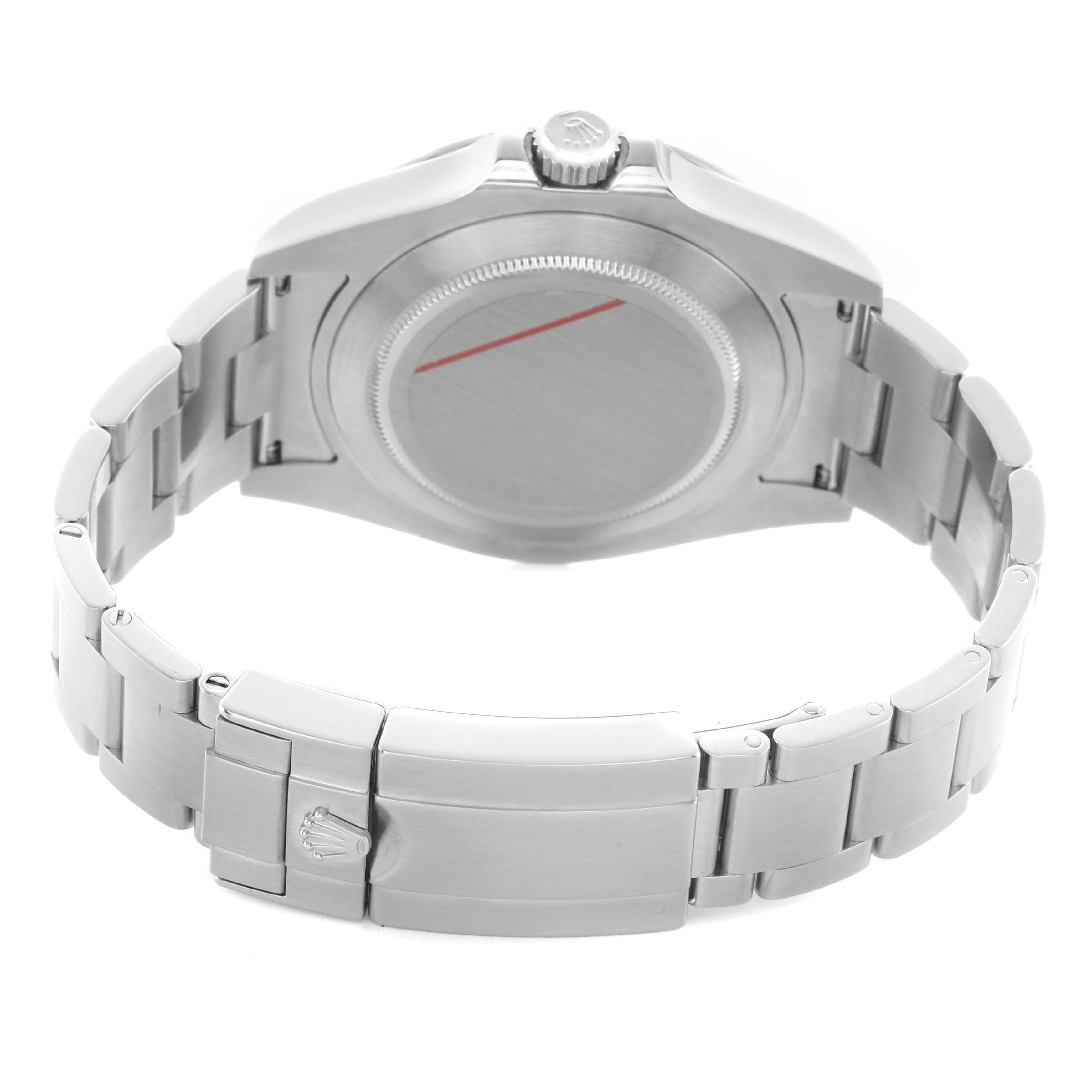 The image shows the back case and bracelet clasp of the Rolex Explorer 216570 Men's Stainless Steel Black Dial watch from a rear angle.