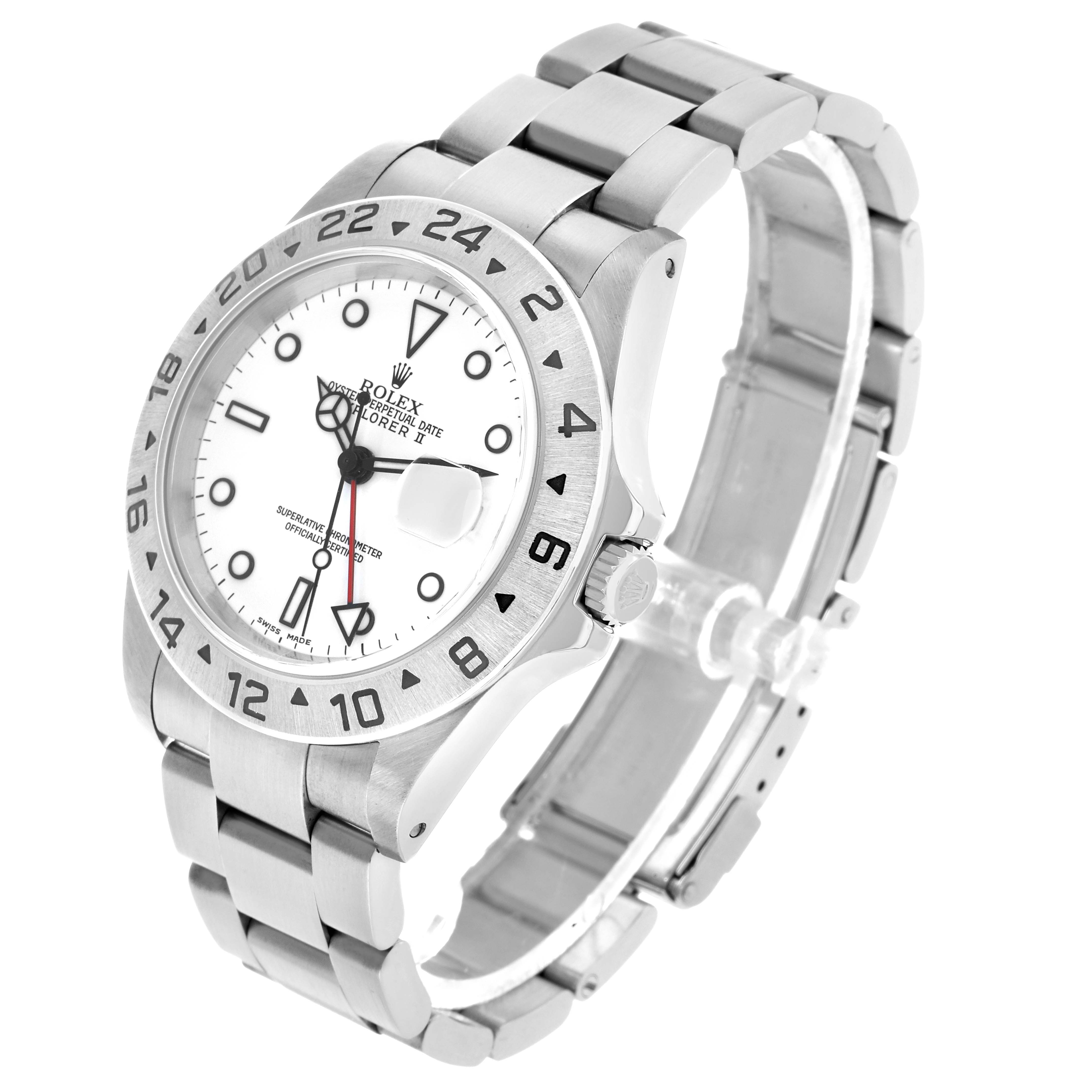 The image shows a Rolex Explorer 16570 Men's Stainless Steel White Dial II watch at a three-quarter angle, highlighting the dial, bezel, crown, and bracelet.