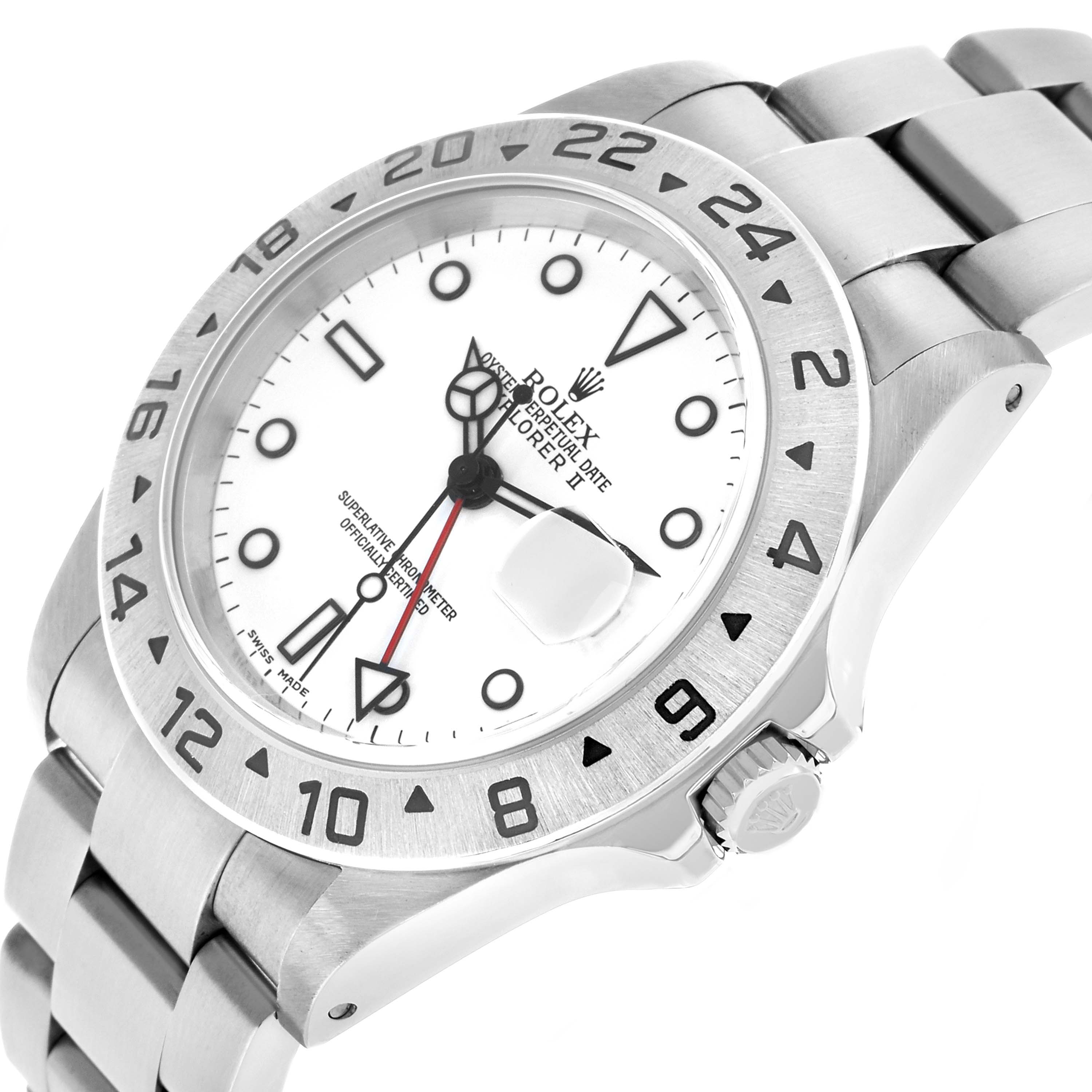 The Rolex Explorer 16570 Men's Stainless Steel White Dial II watch is shown at an angle highlighting the bezel, face, and bracelet.