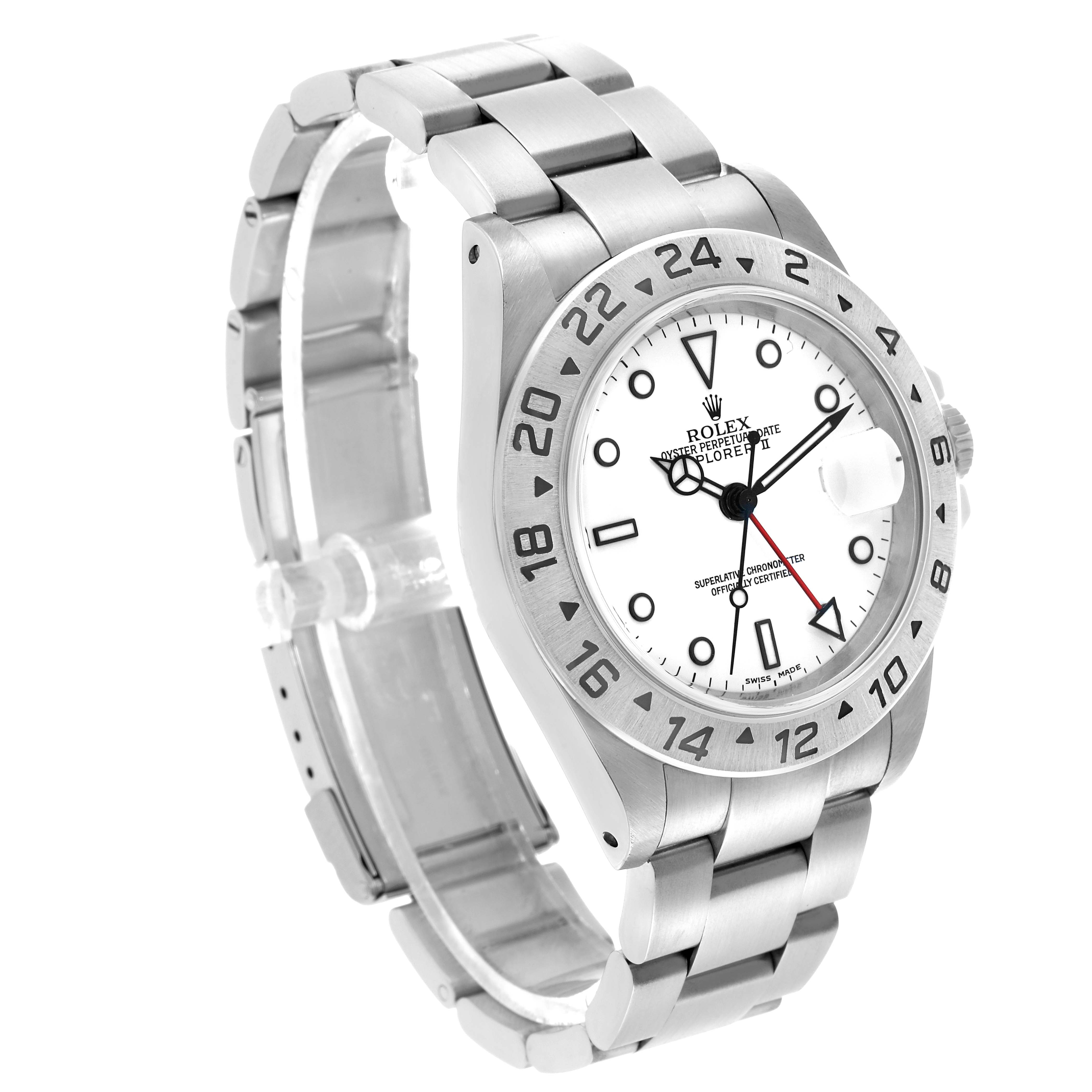 The Rolex Explorer 16570 Men's Stainless Steel White Dial watch is shown at a three-quarter angle, highlighting the bezel, dial, and bracelet.